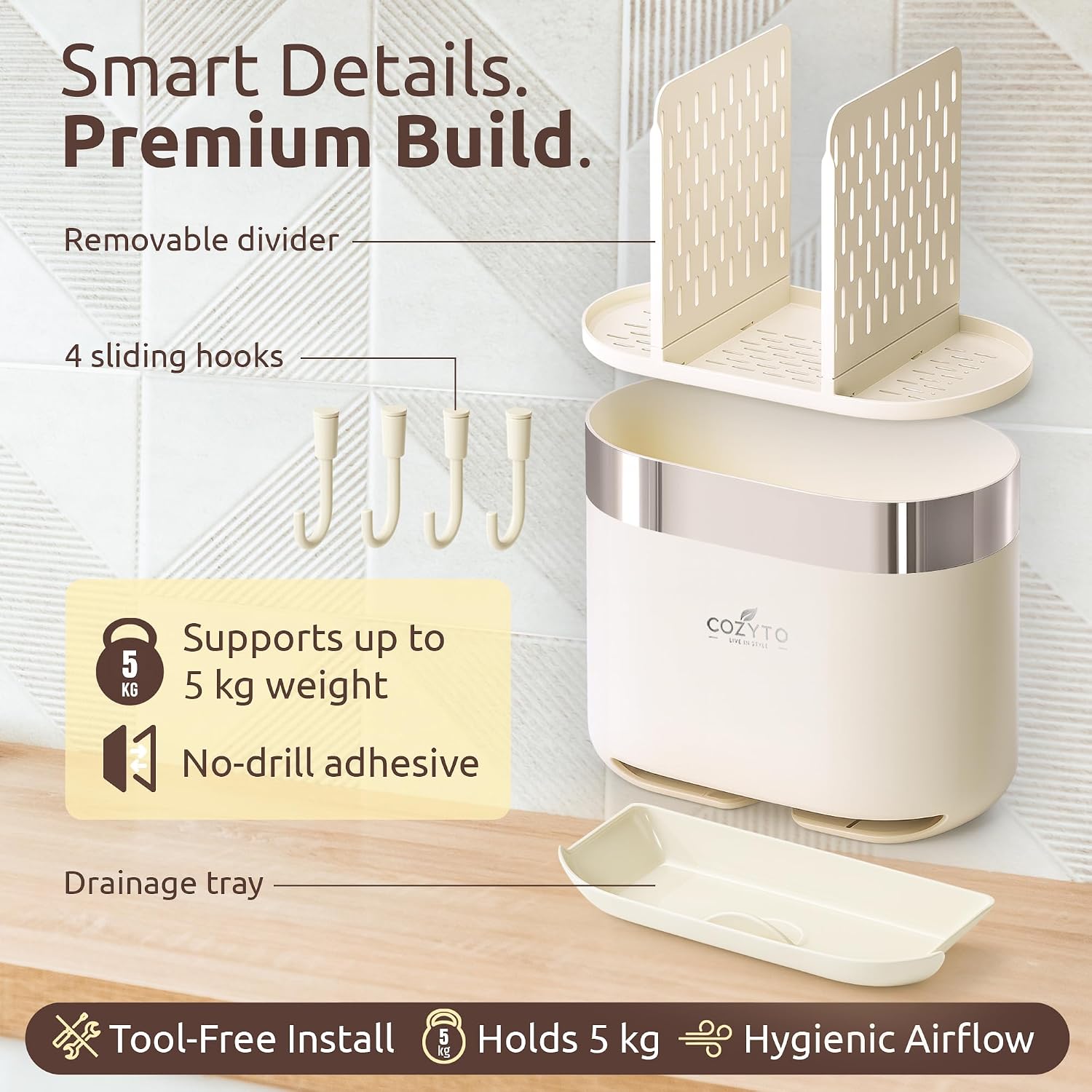 Detalle de COZYTO Wall-Mounted Utensil Holder in BPA-Free ABS