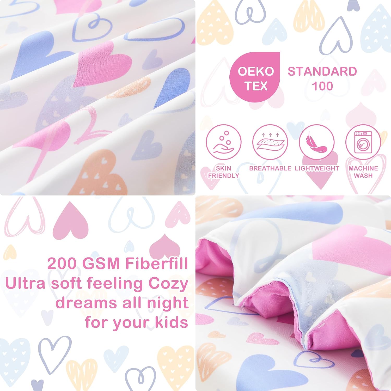 Detalle de Mooreeke Toddler Bedding Set, 4-Piece Pink Heart Print Microfiber