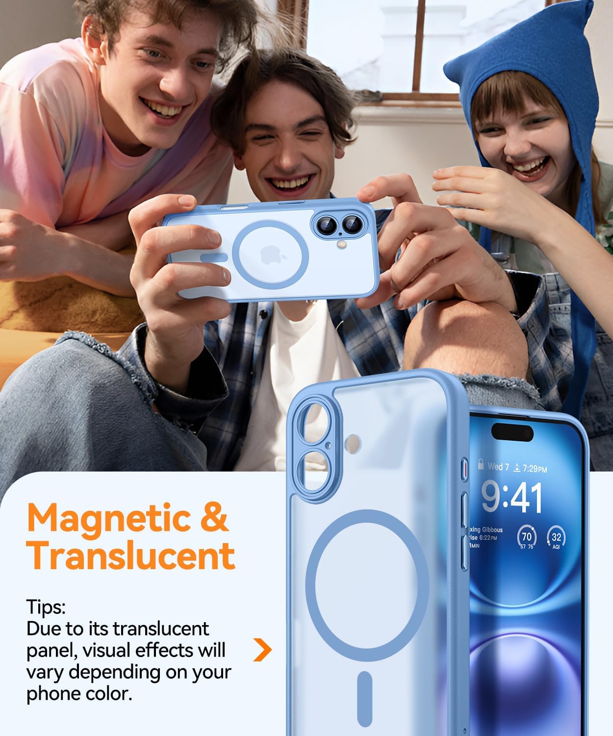 Detalle de CANSHN Magnetic iPhone 16 Case (6.1") with full camera protection, MagSafe compatible and matte translucent finish – Light Blue