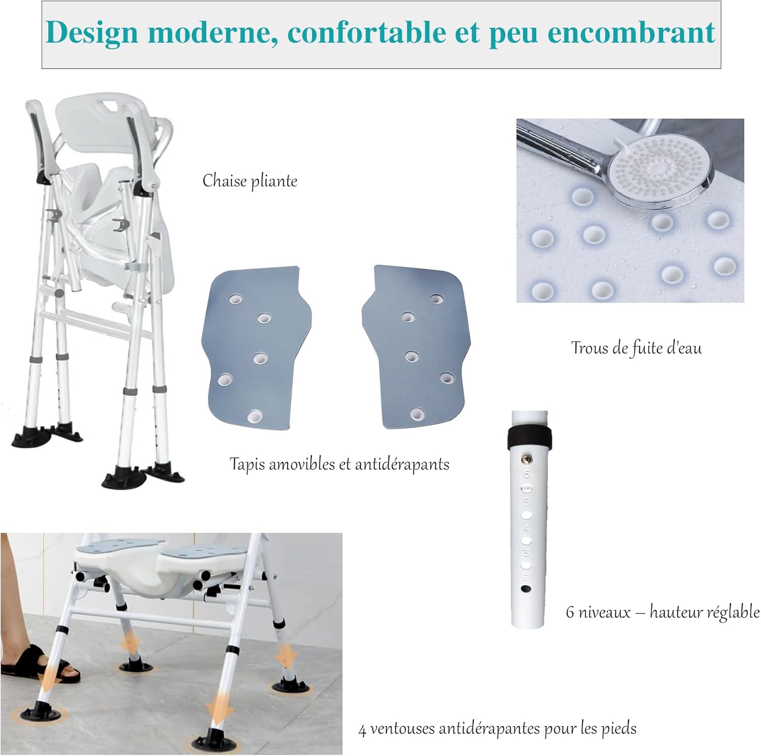 Detalle 2 de Chaise de douche pliable antidérapante pour seniors (tabouret de douche réglable en hauteur)