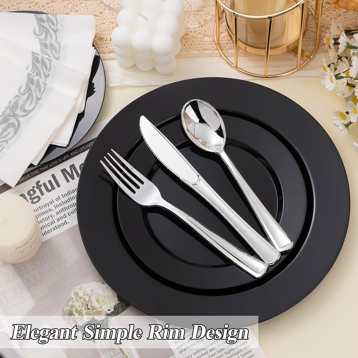 Thumbnail 4 de BESTSTAR 200pcs Black Plastic Plates Set