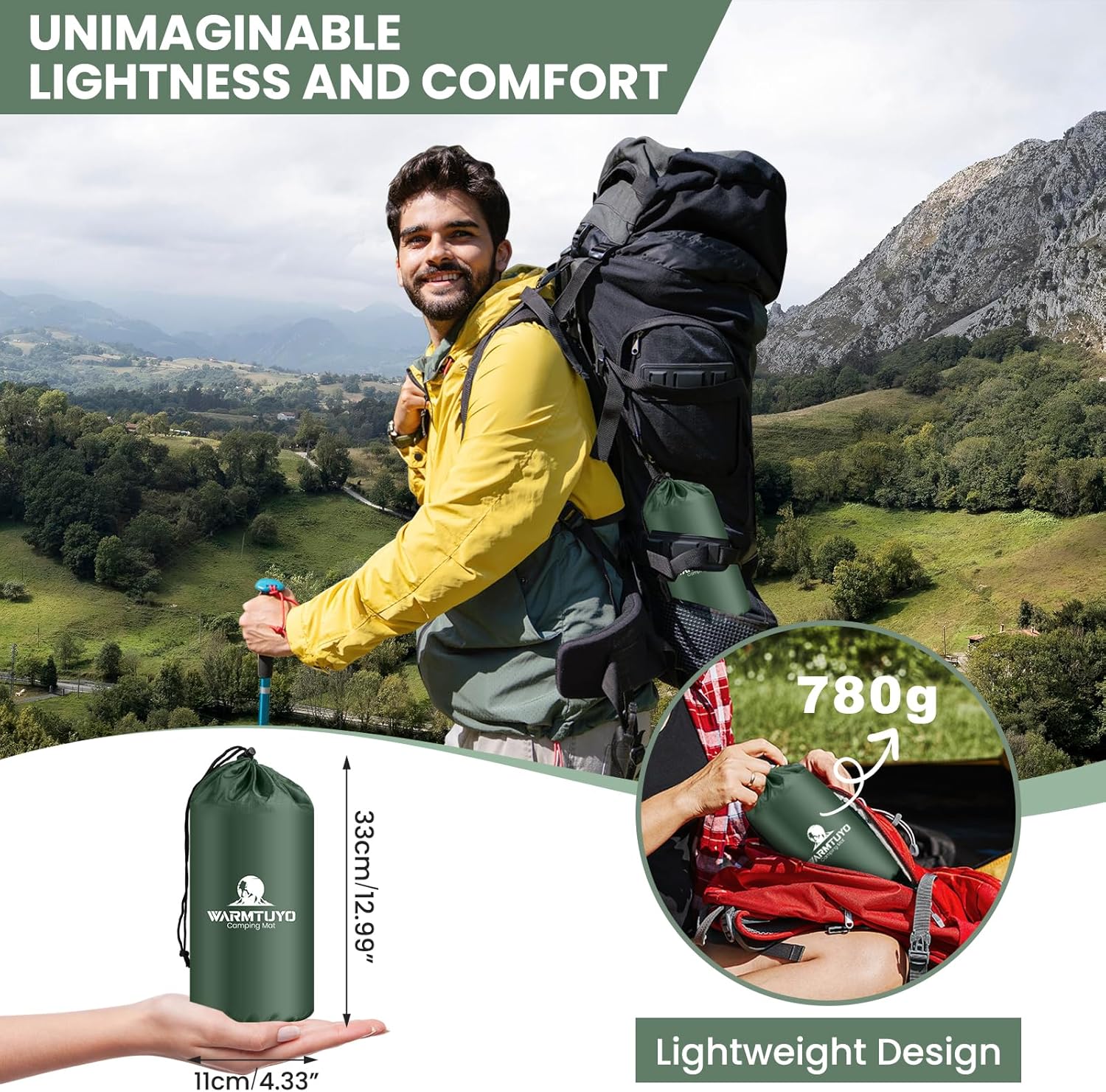 Thumbnail 1 de WARMTUYO Isomatte Camping – Ultraleicht, faltbar mit Fußpumpe, Kopfkissen und rissfestem Schutz