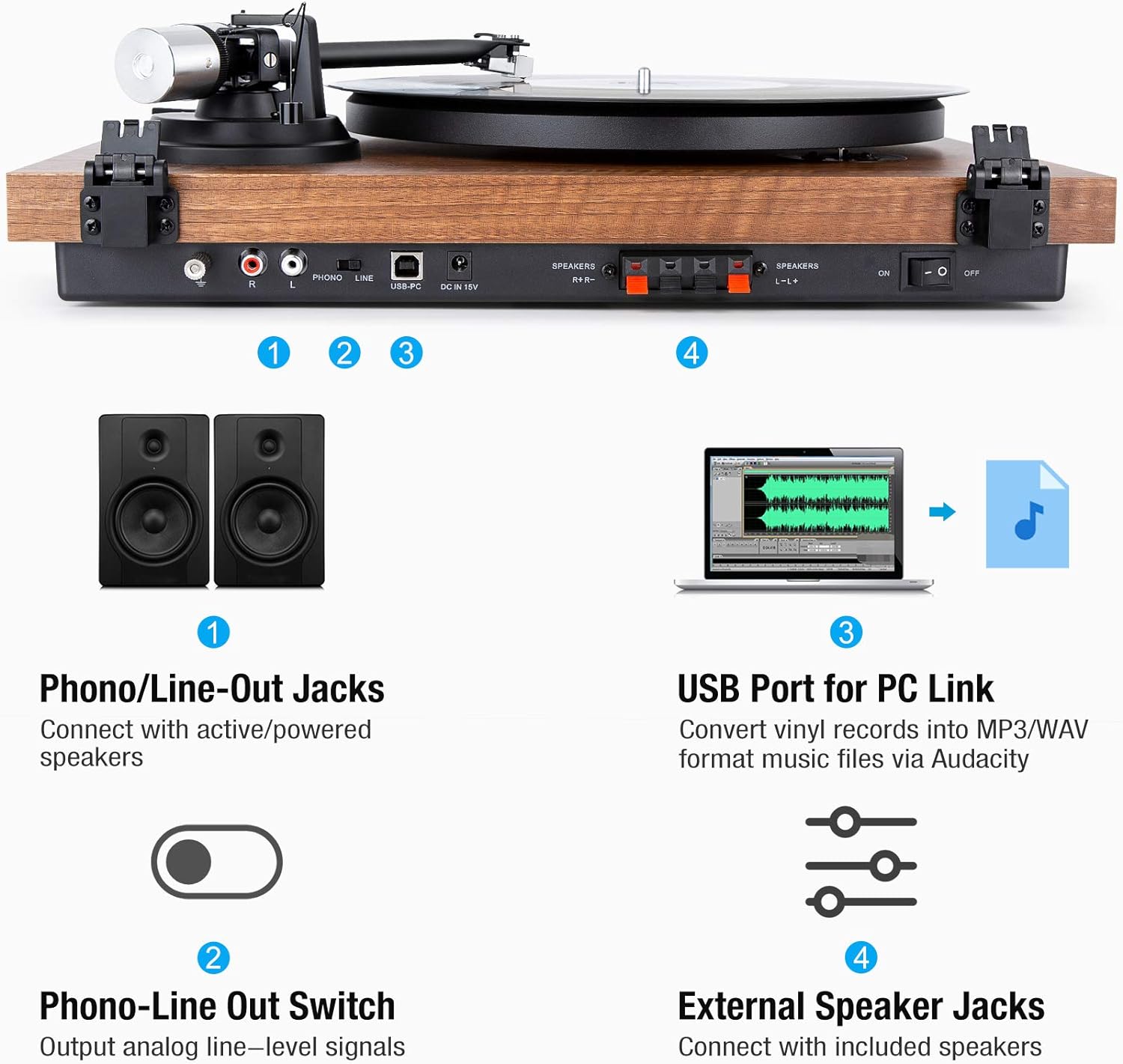 Detalle 2 de 1 BY ONE 471NA-0010 Wireless Turntable with 36 W Speakers, Natural Wood
