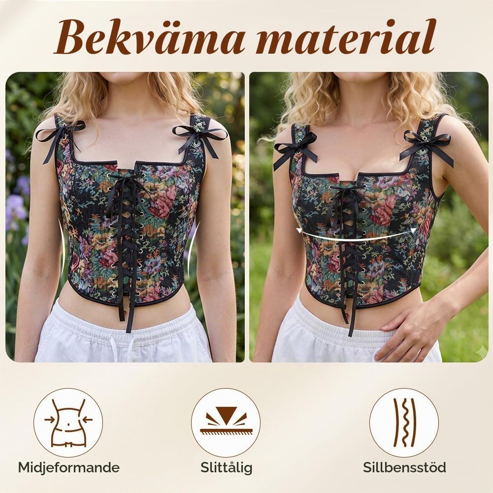 Detalle 2 de AUYAO blommig renässanskorsett med snörning i polyester, svart eller grön