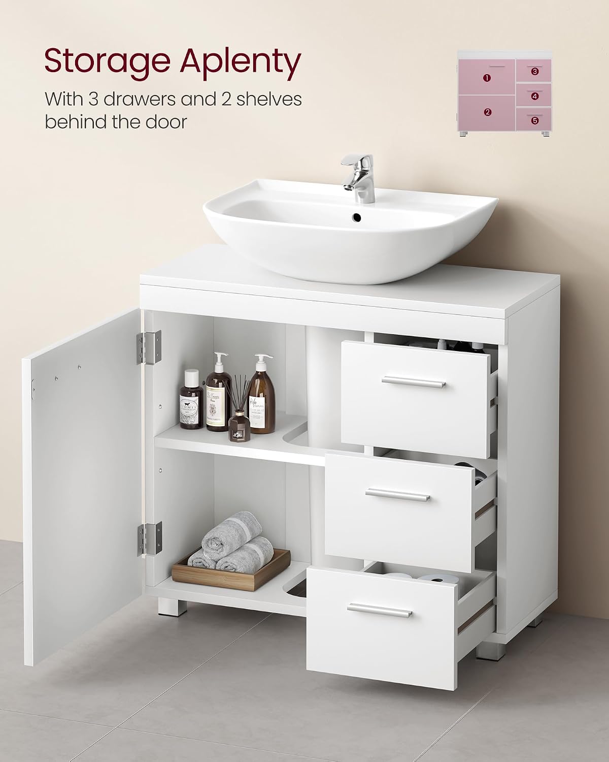 Detalle de VASAGLE under sink cabinet with 3 drawers
