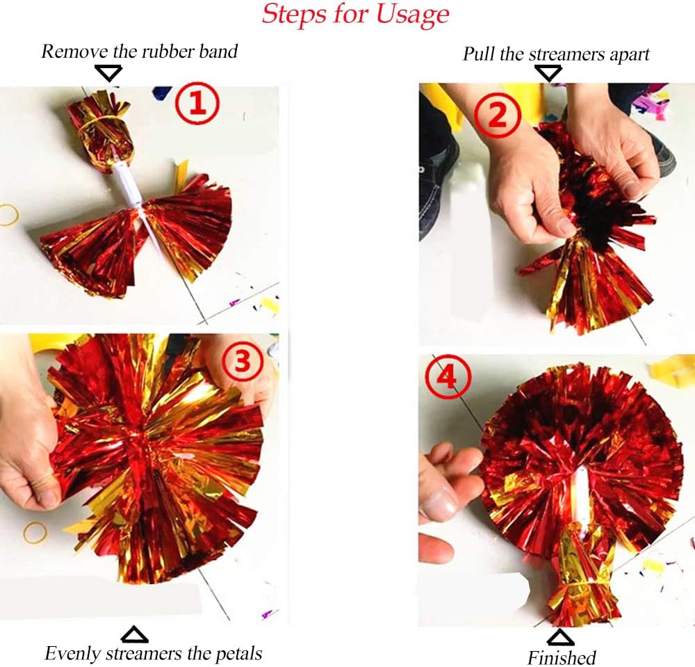 Thumbnail 2 de CREATIEE-PRO Cheer Pom Poms, 4 Metallic Rose Red and Silver Poms with Handles