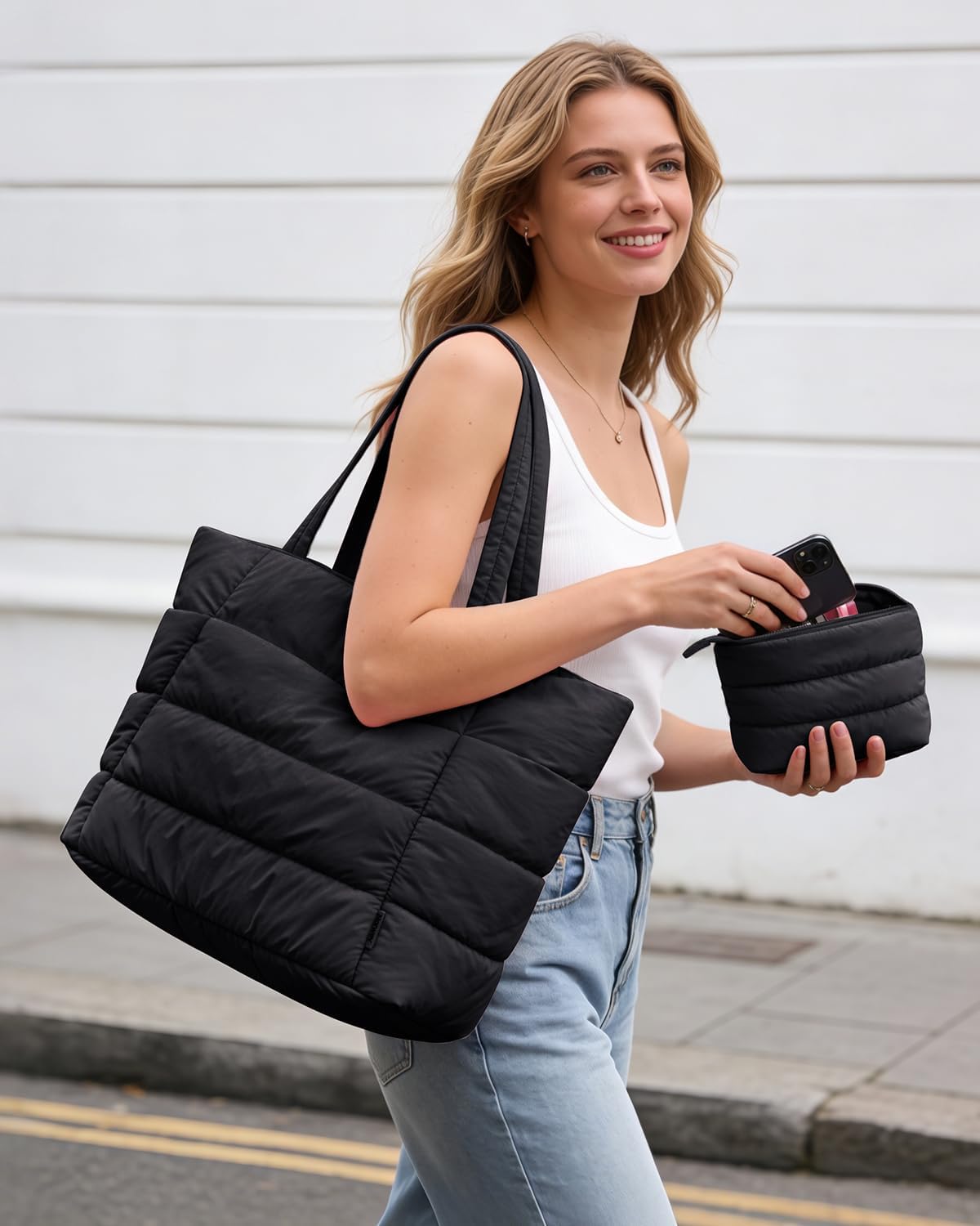 Thumbnail 1 de Narwey puffer tote bag for women with zip, laptop slot and tumbler holder