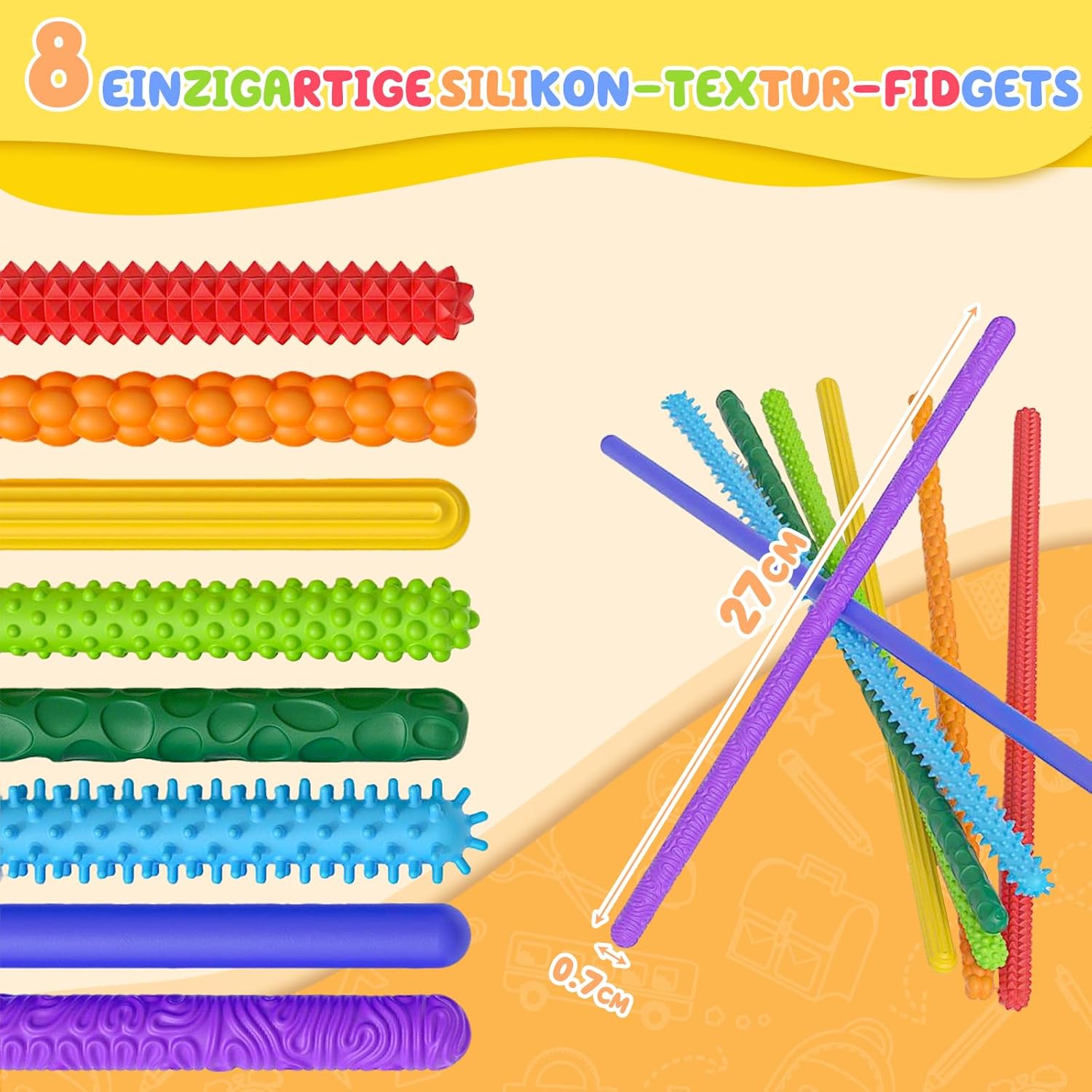 Detalle de BDwing Sensorik Stick – 8er Set Silikon-Stäbe als ruhiges Fidget Toys zur Stressreduktion