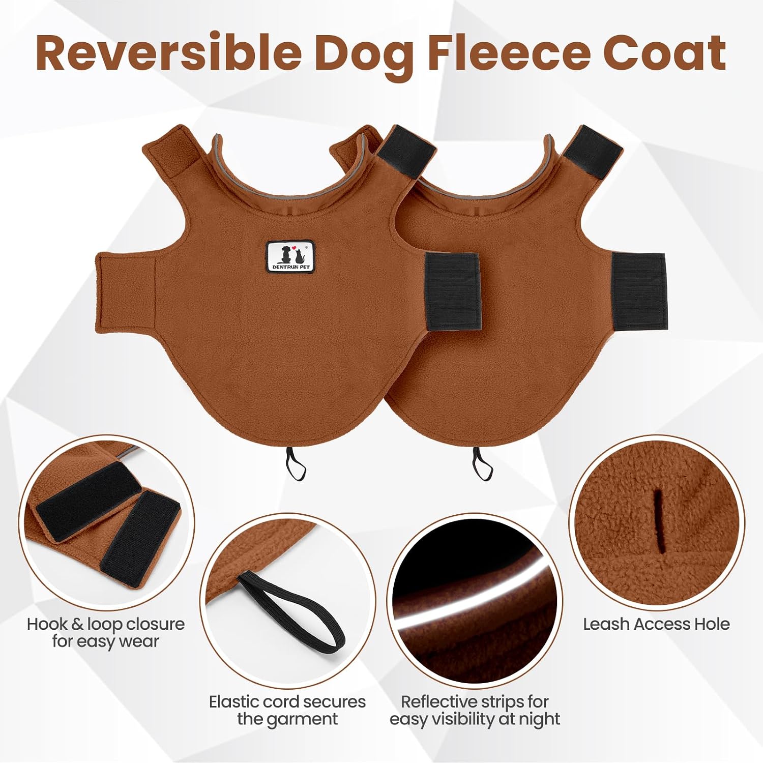 Detalle de DENTRUN RM-344375-XXL-Brown Reversible Fleece Dog Coat with Reflective Trim