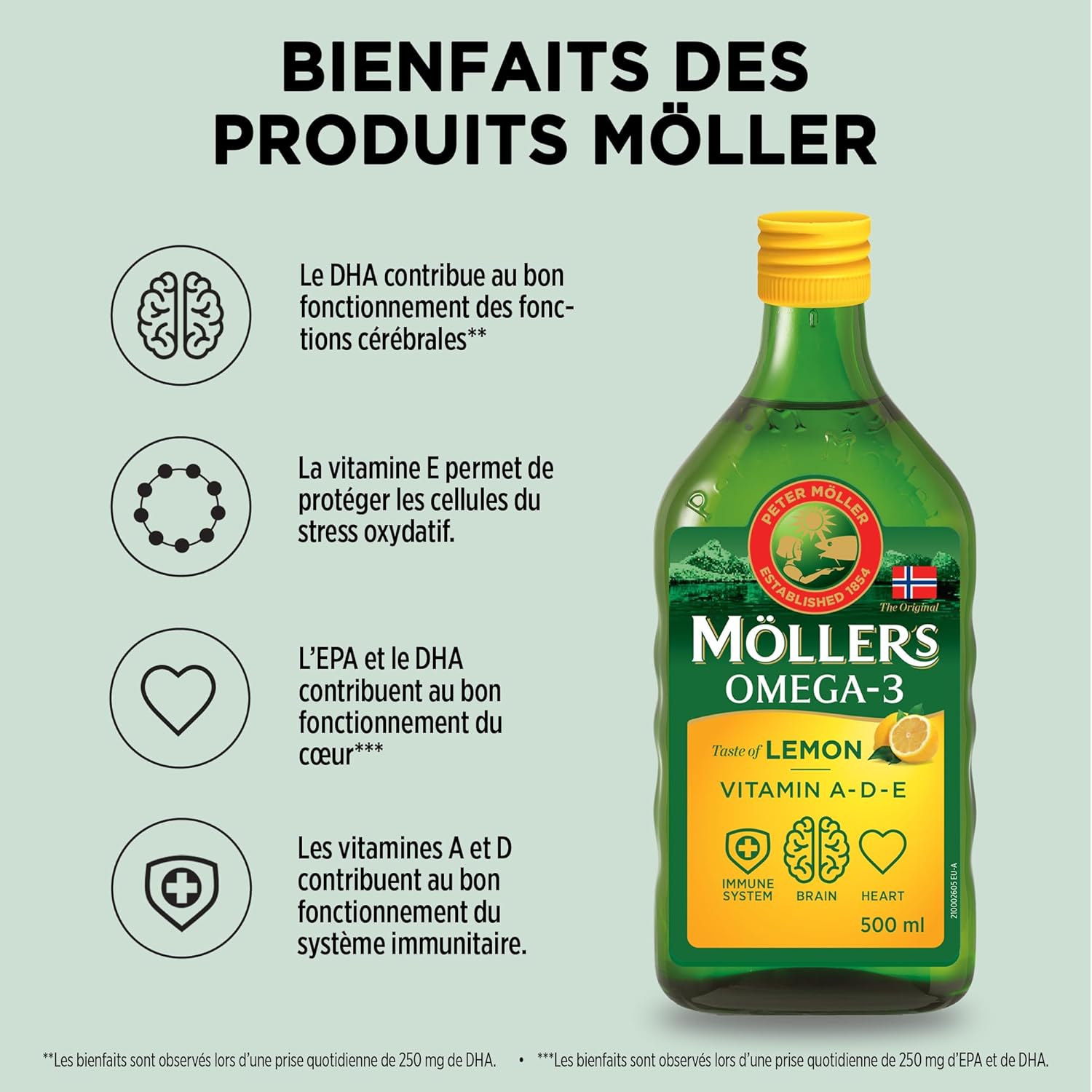 Detalle de Moller’s huile de foie de morue oméga 3 citron – 250 ml x 3, source durable, depuis 1854
