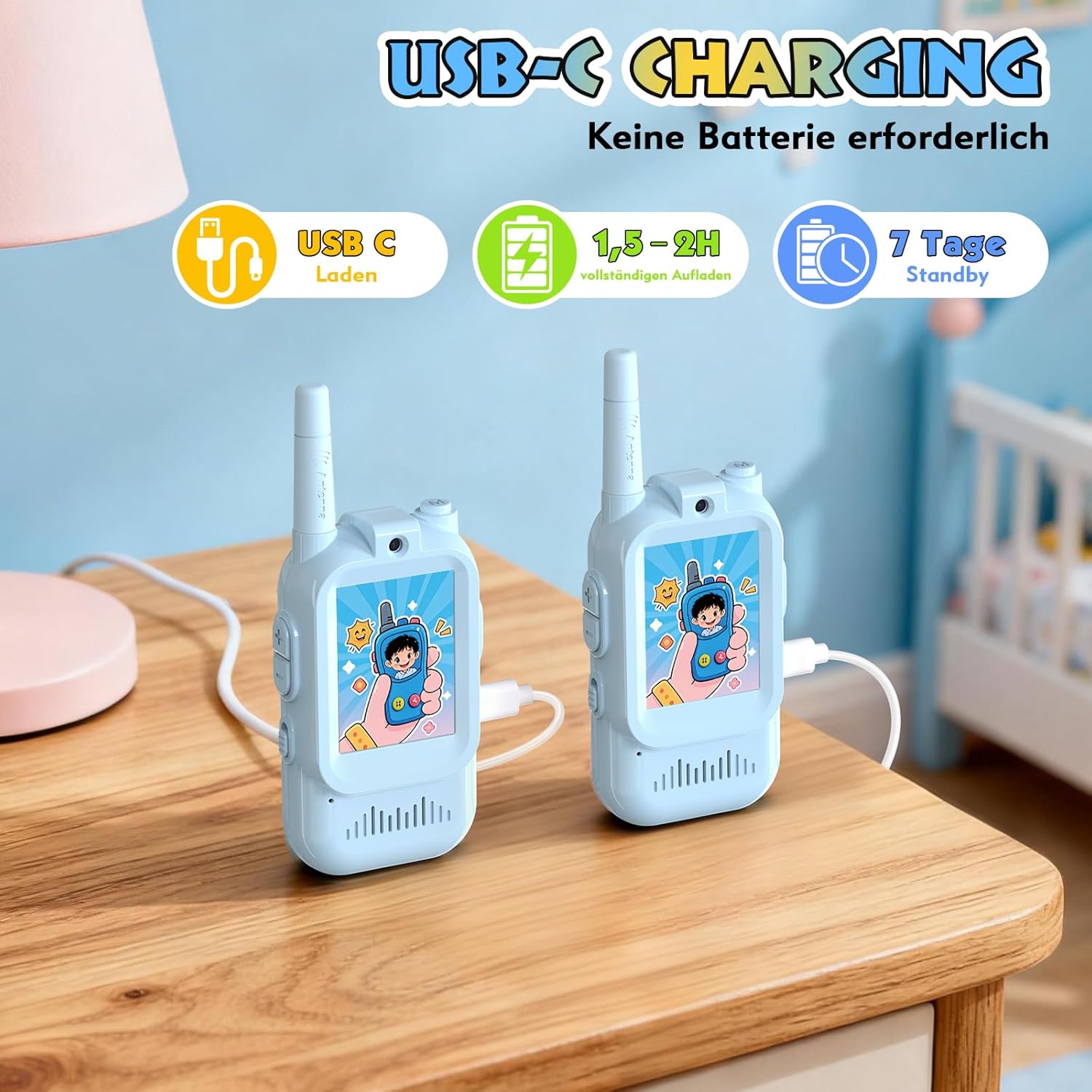 Detalle de Kinder-Walkie-Talkies mit Video, 2er-Set (3–12 Jahre) – bis zu 5 km Reichweite, blau