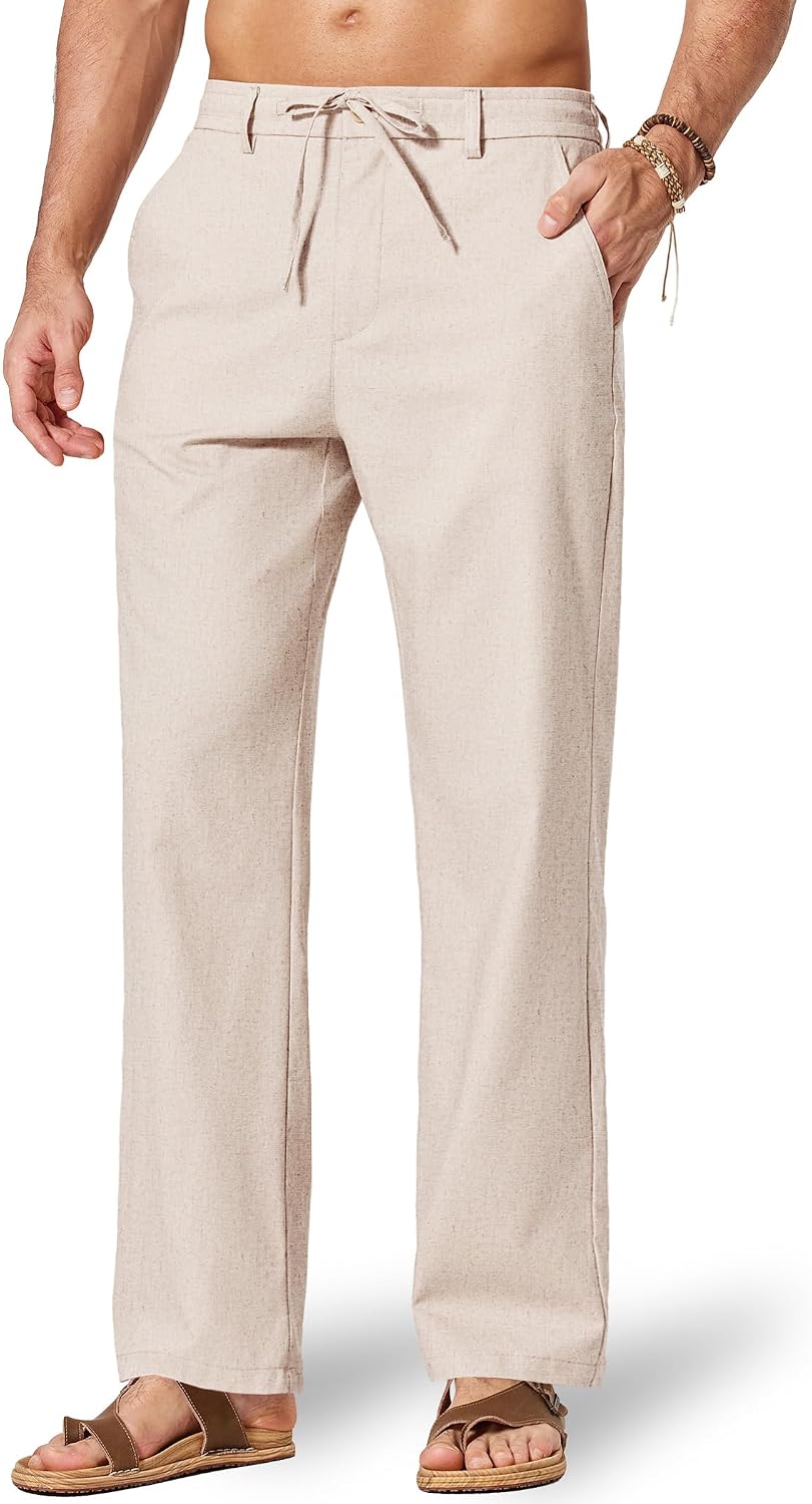 Detalle de COOFANDY Men’s Cotton Linen Pants (Loose Fit) with Drawstring Waist