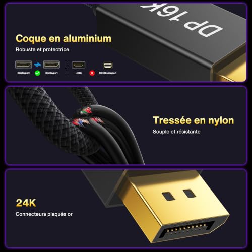 Detalle de IVANKY 16K Câble DisplayPort 2.1 UHBR20 – 2 m, 80 Gbps pour PC Gamer