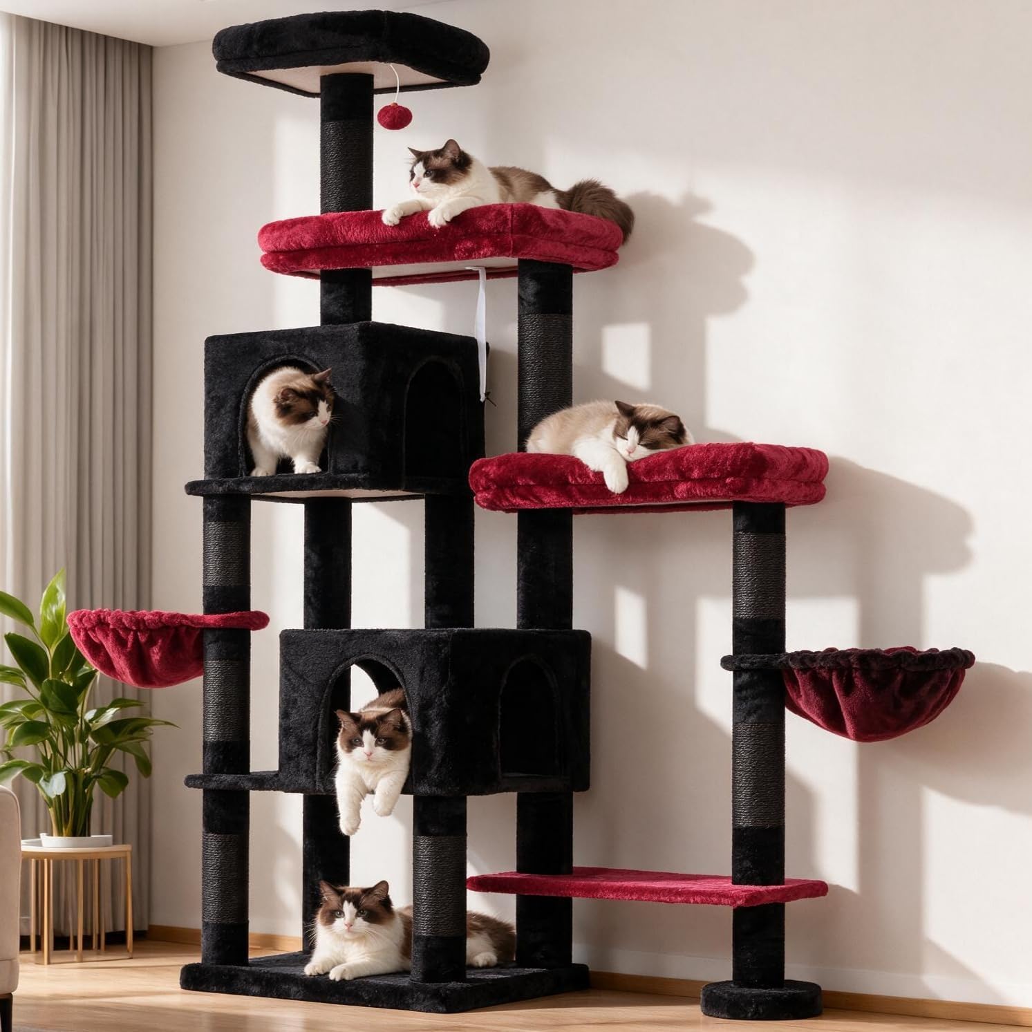 Detalle de Hey-brother MPJ038BR Cat Tree Tower, 6 Levels, Sisal Posts, Two Condos