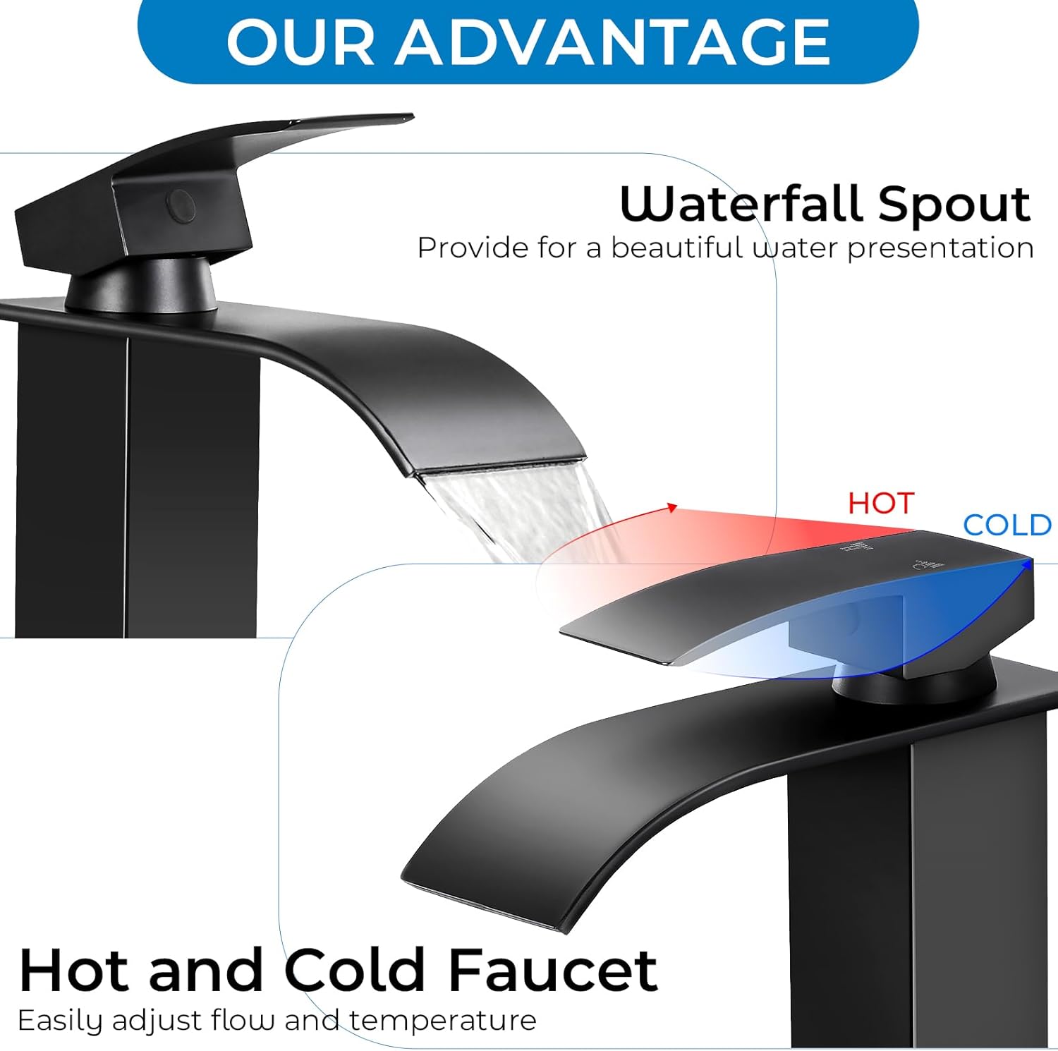 Thumbnail 2 de RNDIOZD Matte Black Waterfall Bathroom Faucet (Single-Handle) with Pop-Up Drain, Deck Plate & Hoses