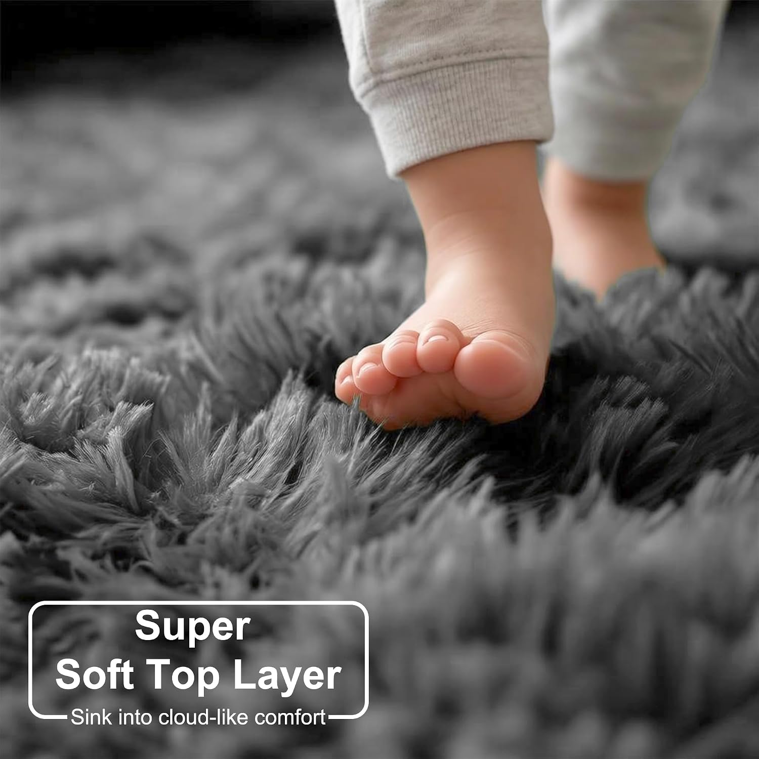 Detalle 2 de Amdrebio 6-Foot Round Gray Shag Area Rug, Plush Polyester with Non-Slip Backing