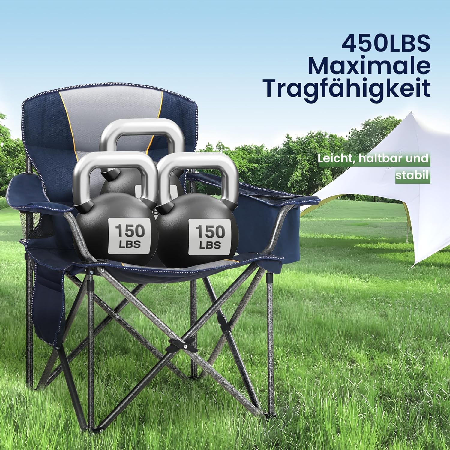 Detalle de HIGH POINT SPORTS Campingstuhl Faltbar 2er Set XXL – gepolstert, 200 kg Traglast, Blau