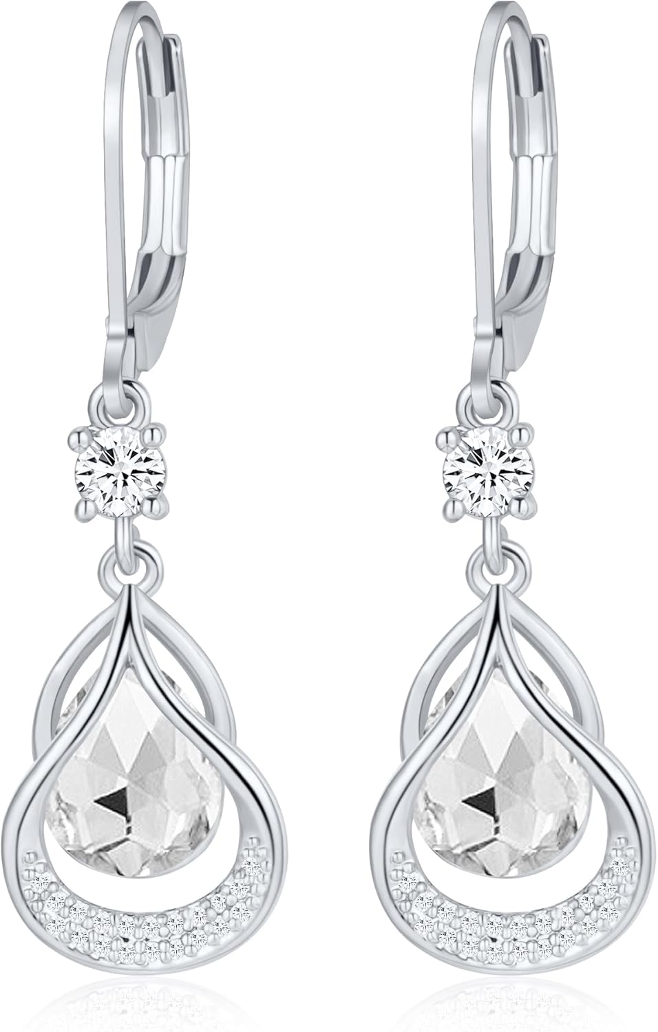 Detalle de Gold Earring Trendy Leverback Birthstone Earrings in 14K White Gold Plating — Teardrop Dangle