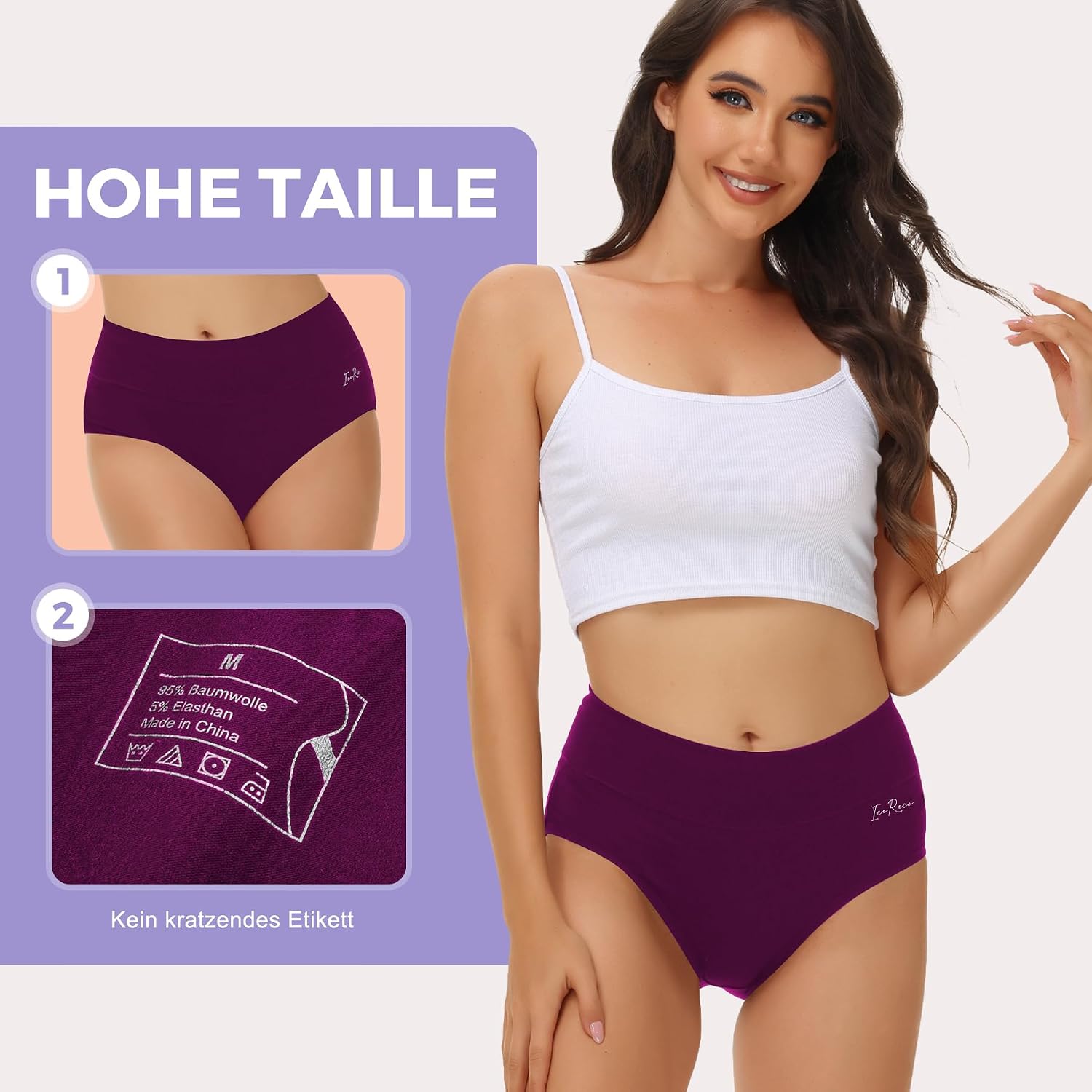 Detalle de IceReco Damen Unterhose aus Baumwolle im 5er-Pack – hohe Taille, atmungsaktiv, weich