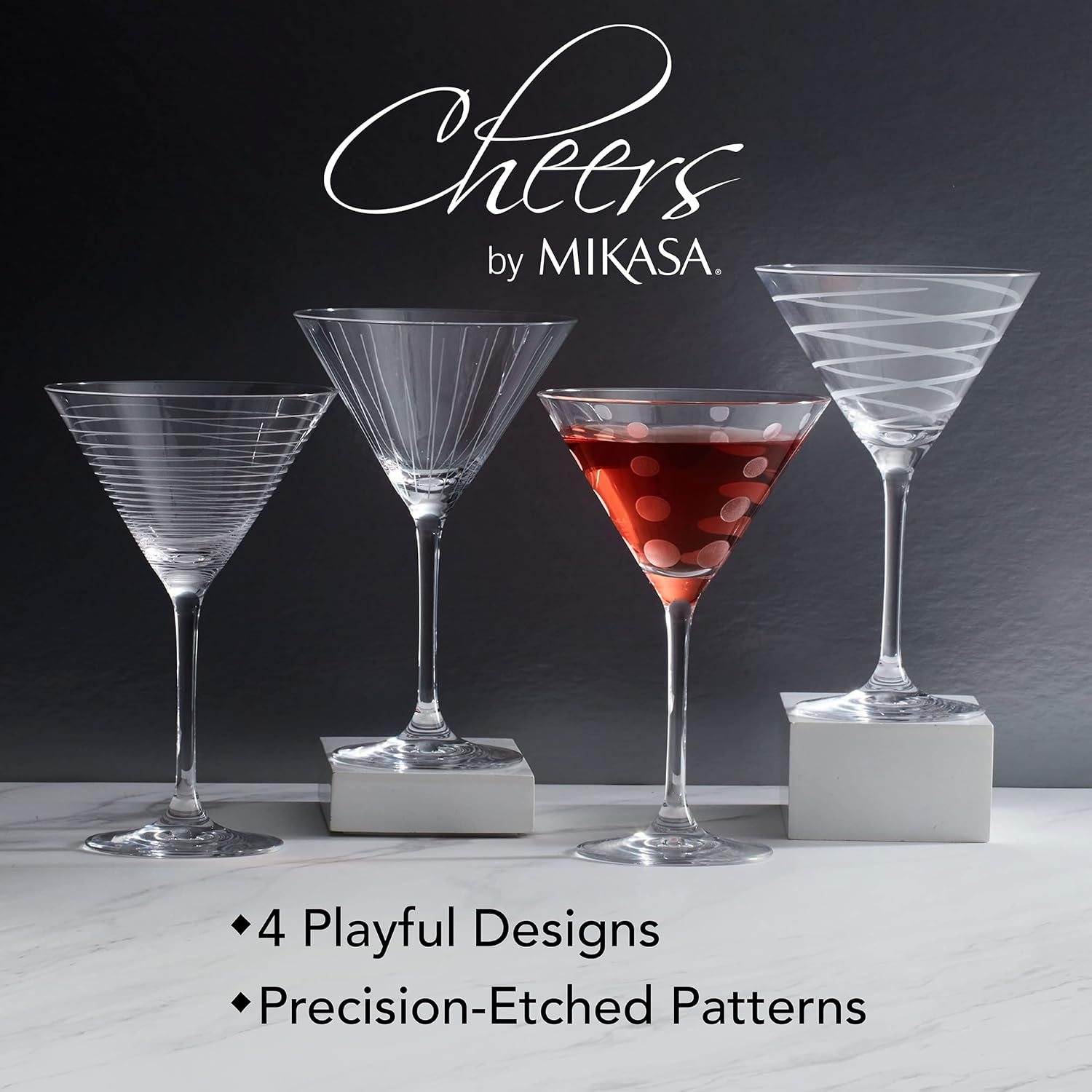 Thumbnail 6 de Mikasa Cheers 10-Ounce Martini Glasses (Set of 4) with Fun Etched Designs
