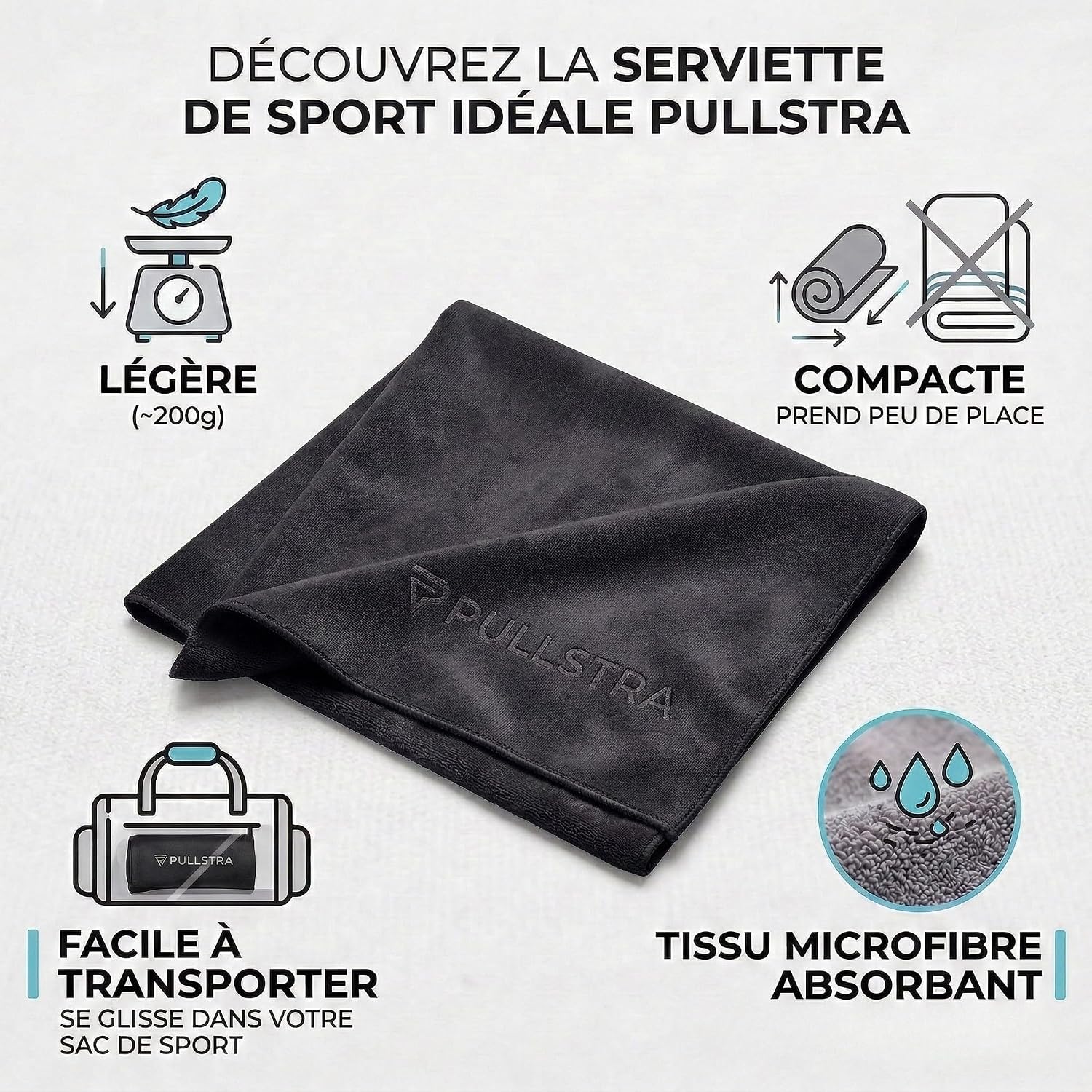 Thumbnail 5 de Pullstra Serviette Sport Musculation Microfibre 100x40 cm – Tapisserie absorbante avec poche pour banc de musculation