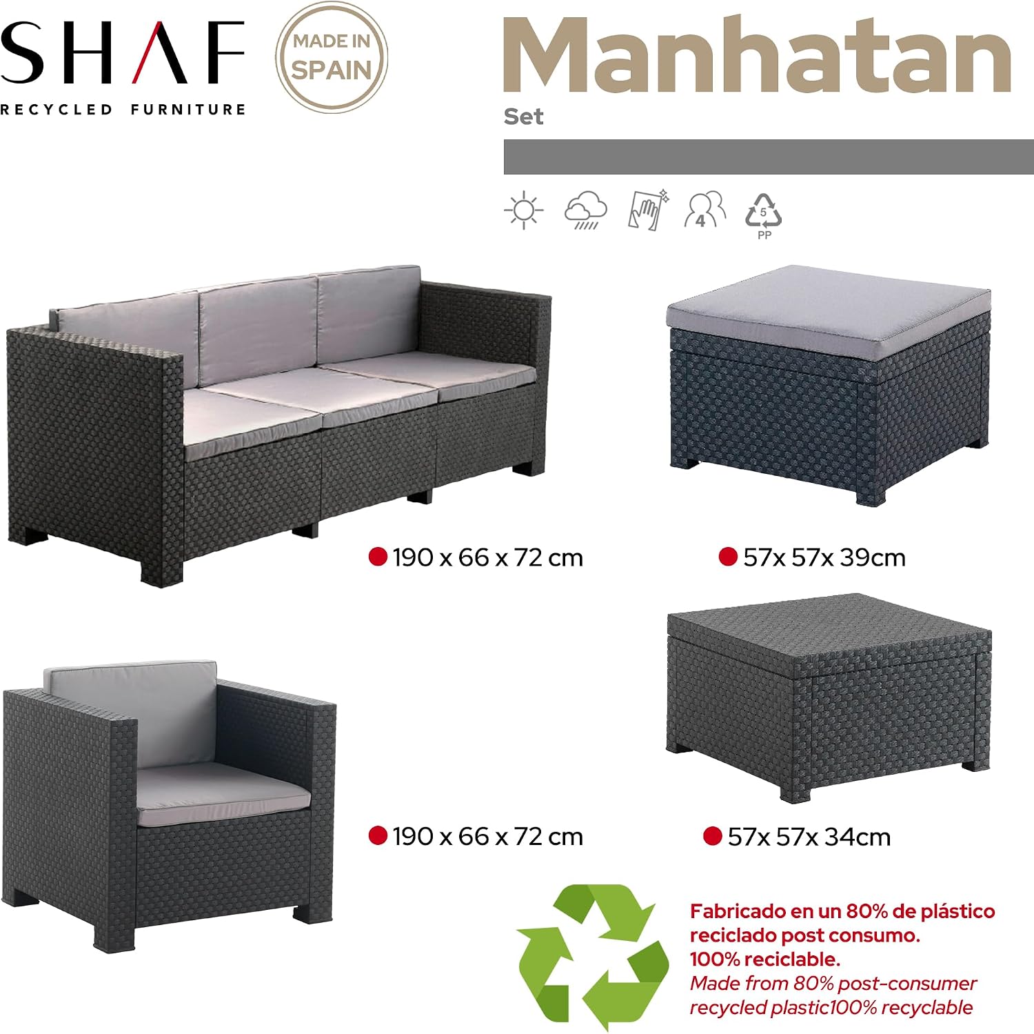 Thumbnail 2 de SP Berner - Shaf Manhattan: Set de Muebles de Exterior para 5 plazas en grafito, fabricado en España con materiales reciclados