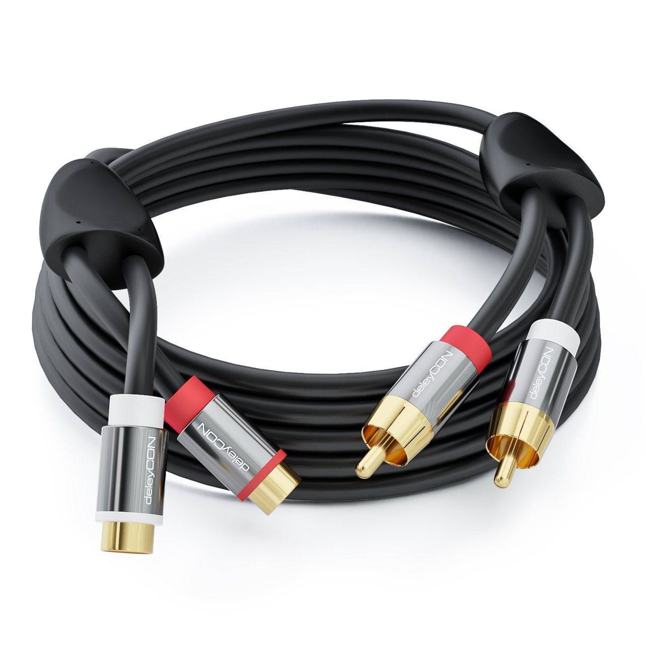 Detalle de deleyCON 2m Cinch RCA Verlängerungskabel – 2x Stecker zu 2x Buchse, vergoldete Metallkontakte, Schwarz
