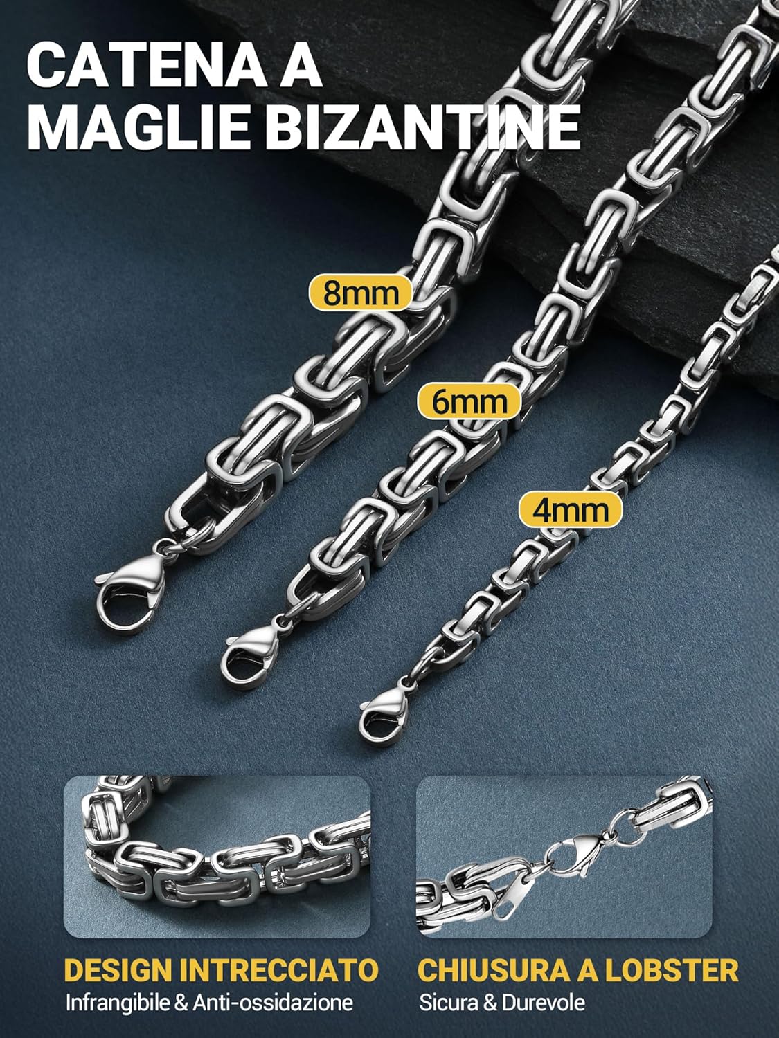 Thumbnail 4 de PROSTEEL Bizantina Collana Uomo in Acciaio a Catena, 4–6 mm, 45–75 cm, OPZIONI Argento/Nero/Oro