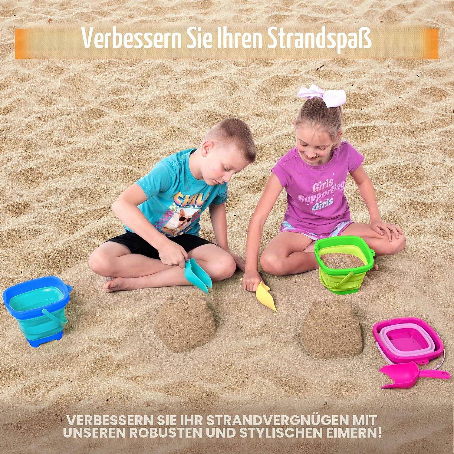 Detalle de Sloosh 3er Pack faltbare Eimer mit Schaufeln – quadratische Sandkasten-Container blau/rosa/grün