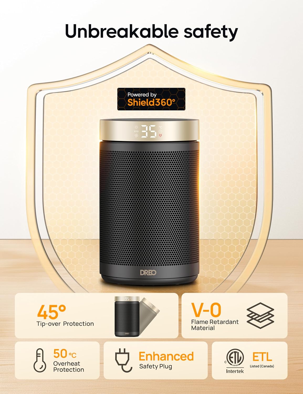 Detalle 1 de DREO HSH006 Gold 1500W PTC Ceramic Space Heater with Remote and Timer