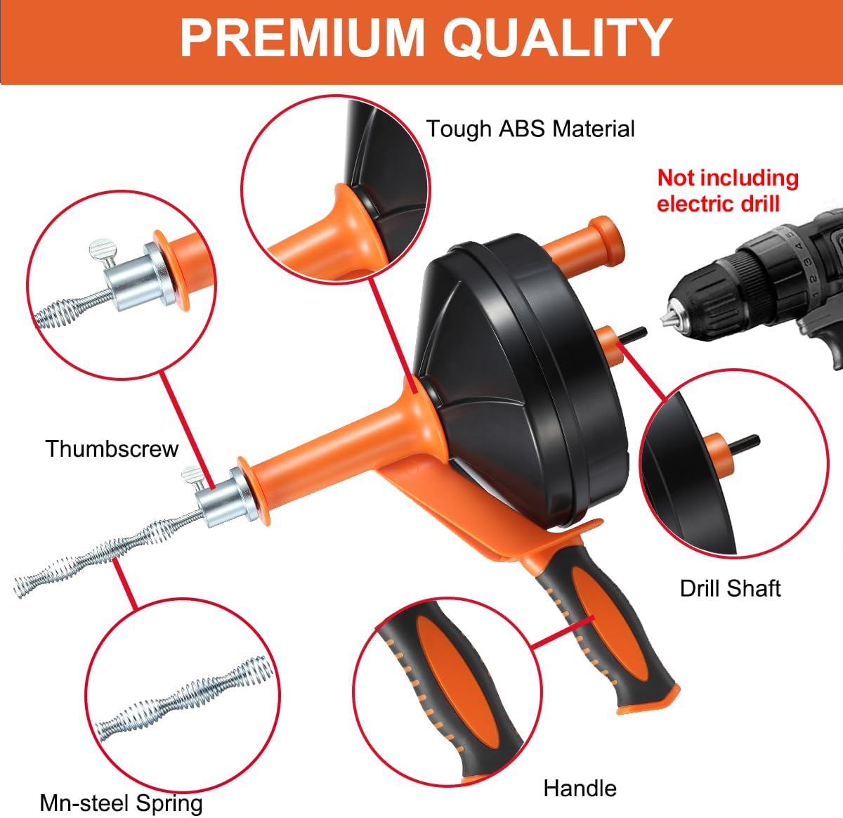 Detalle de BACEYIOU 25-Foot Drain Auger with Drill Adapter, ABS Drum and Steel Cable