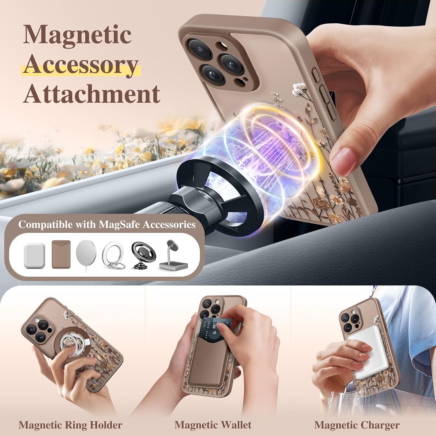Thumbnail 4 de GVIEWIN iPhone 16 Pro Max Case with MagSafe and Full Camera Protection (Floratopia/Brown)