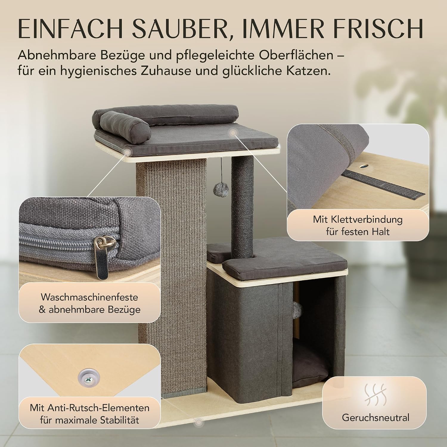 Detalle de Petlinn Premium Kratzbaum – stabiler Katzenbaum für große Katzen (95 cm) mit extrafester Stamm, Naturholz-Look und großzügigen Liegeflächen