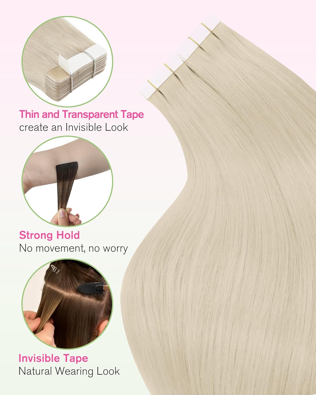 Thumbnail 4 de YoungSee Tape Extensions Echthaar „Invisible Tape“ 50 cm – Platinblond, blondes Echthaar (50 g) #60A