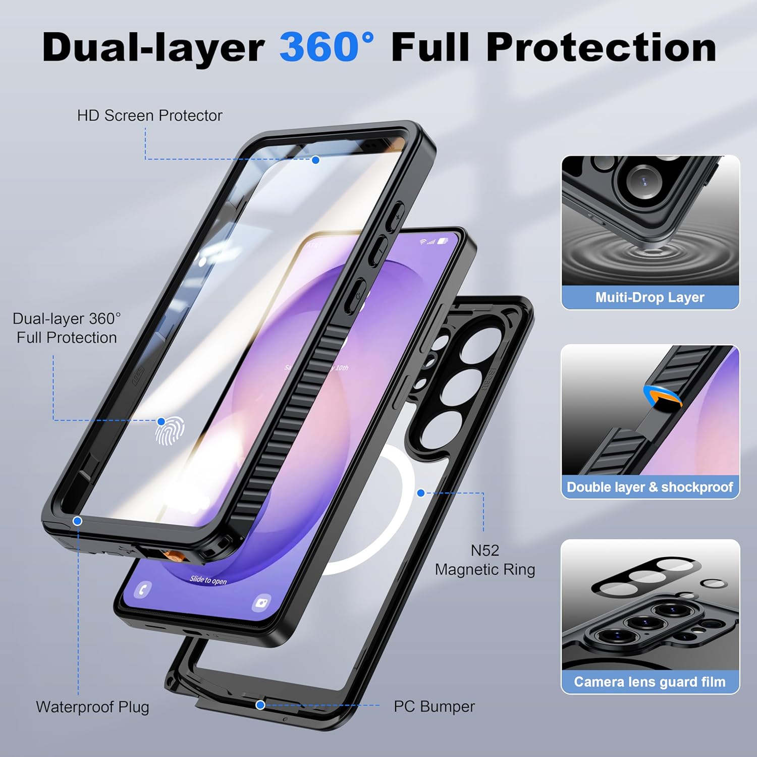 Detalle de ANTSHARE IP68 Waterproof Case for Samsung Galaxy S26 Ultra (2026) — MagSafe Compatible with Built-in Screen and Lens Protector