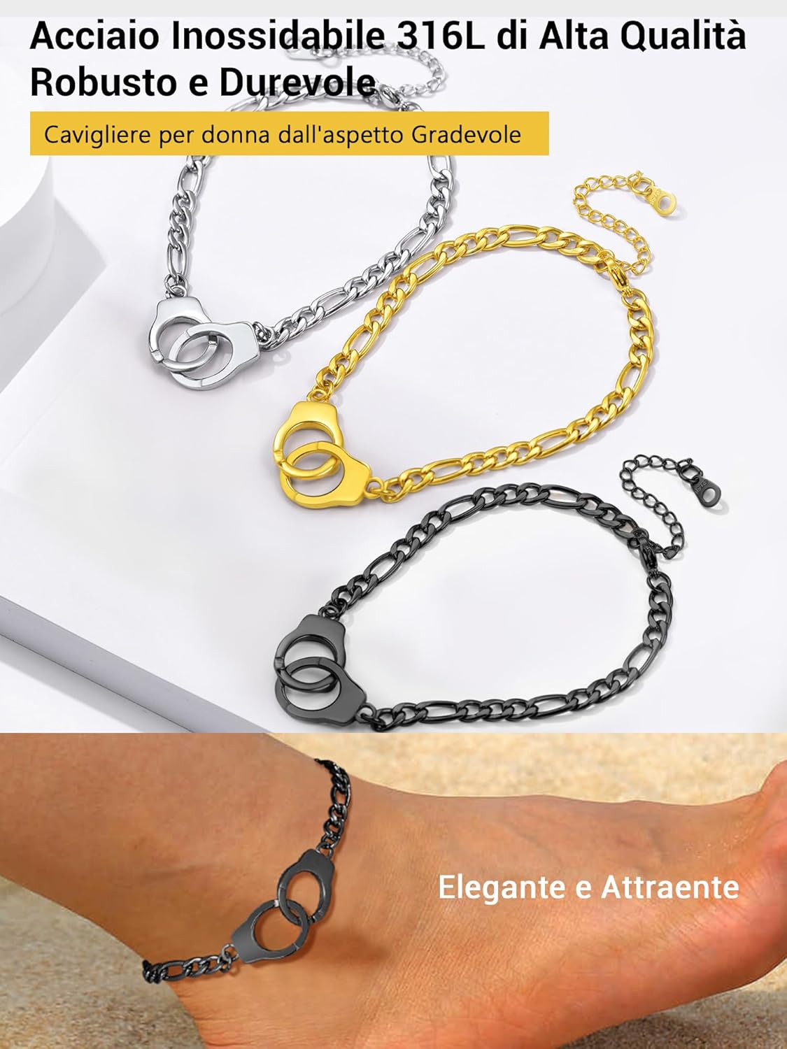 Thumbnail 4 de PROSTEEL Cavigliera a catena regolabile in acciaio inox (22+5 cm) tricolore, set impilabili per donna e uomo