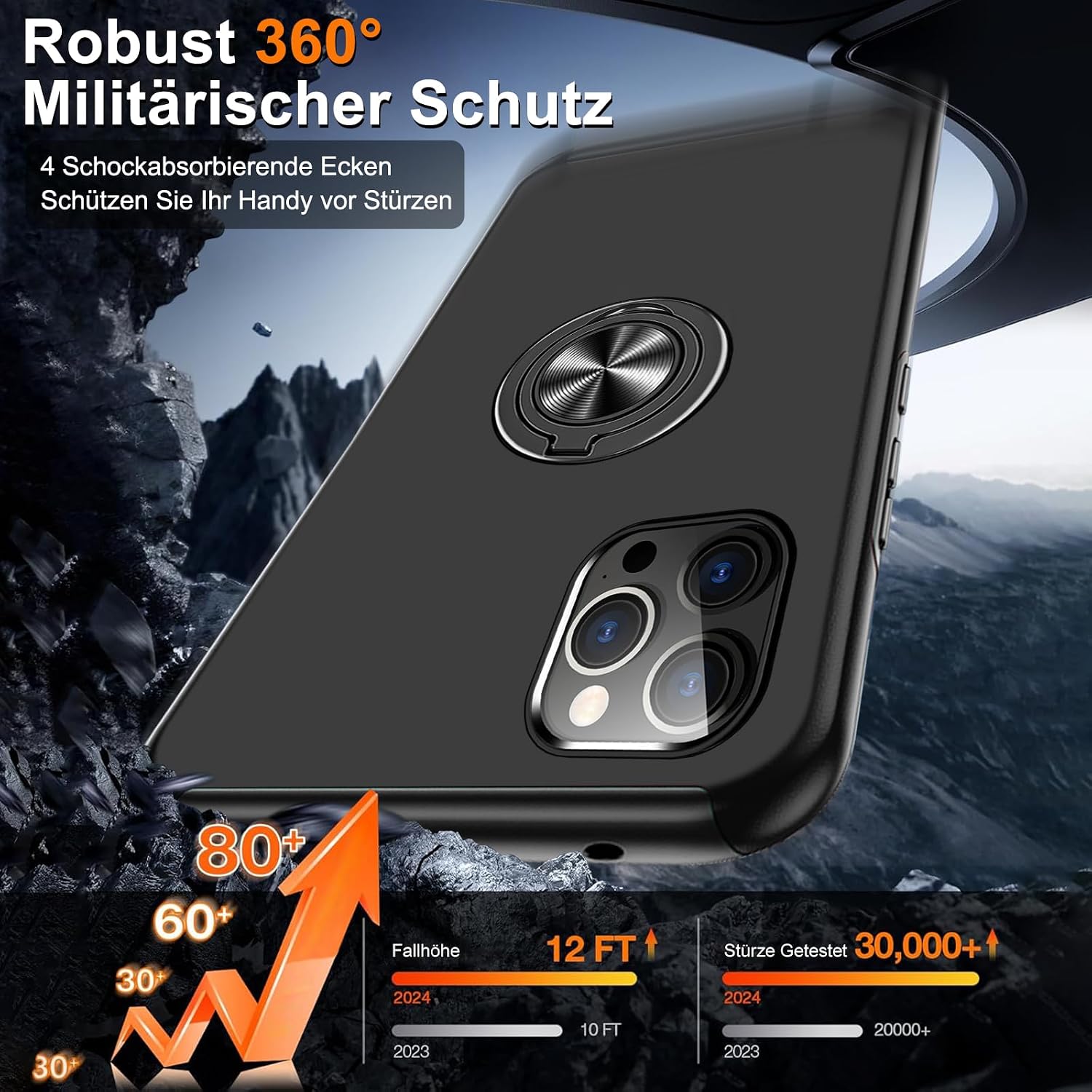 Detalle 2 de Vaki Handyhülle für iPhone 13 Pro mit 360° Magnet-Ringständer und Schutzfolie (Schwarz)