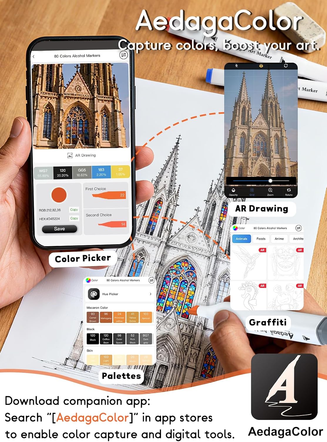 Detalle de AEDAGA 120 Colours Alcohol Markers with Free App, Chisel & Fine Tips