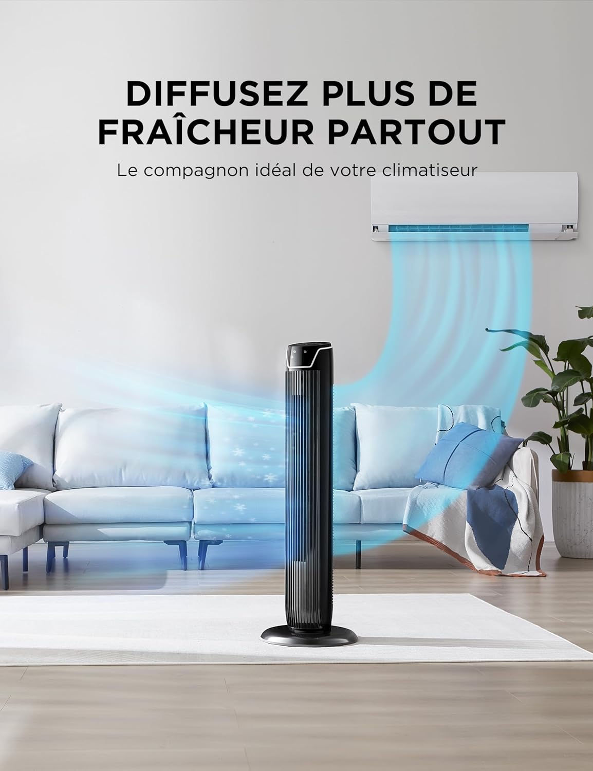 Detalle de Midea FZ10-17JR : ventilateur colonne silencieux avec télécommande, oscillation à 60° et minuterie