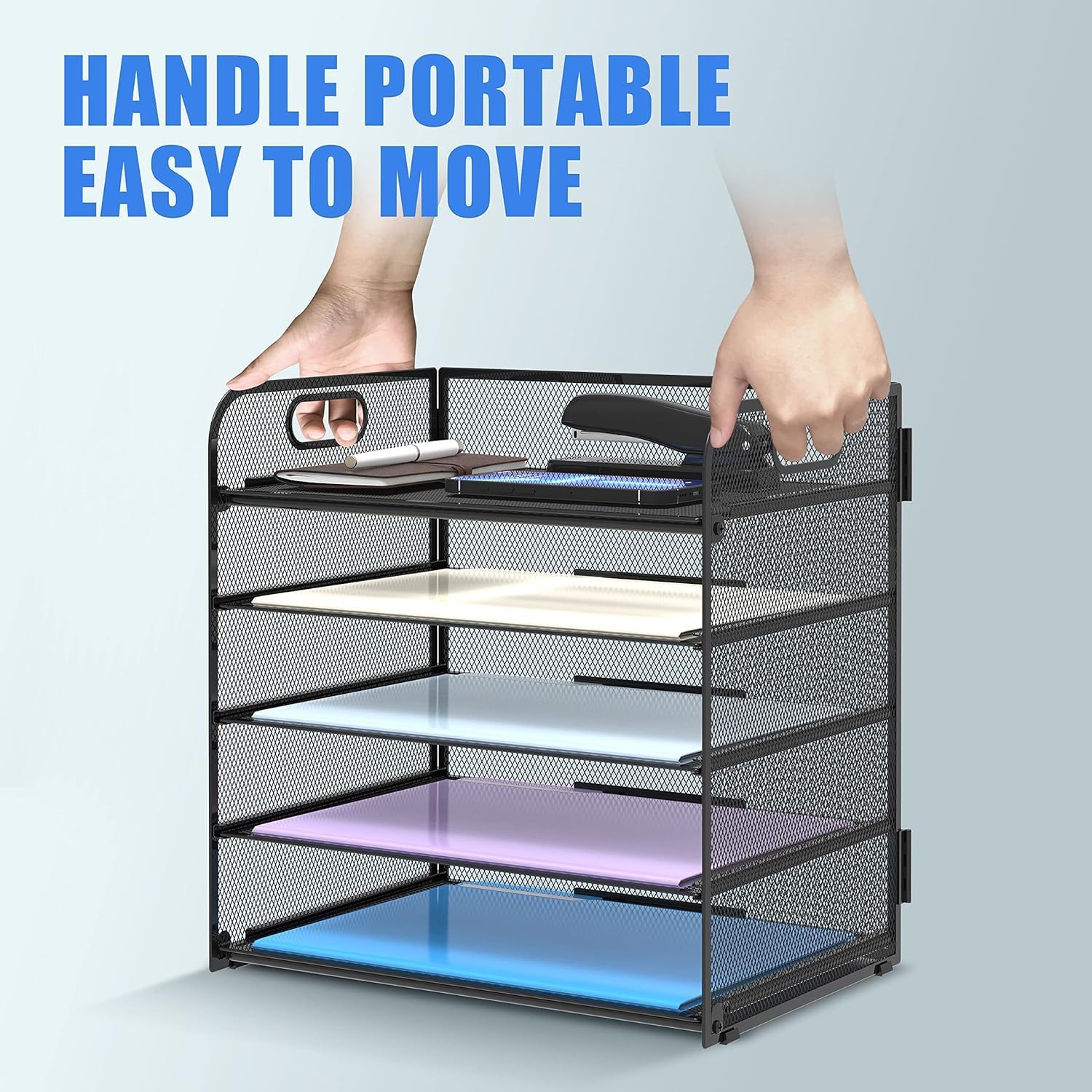 Thumbnail 4 de SUPTIDY 5-Tray Paper Organiser with Handle (Mesh Desk File Organiser) – A4, Black