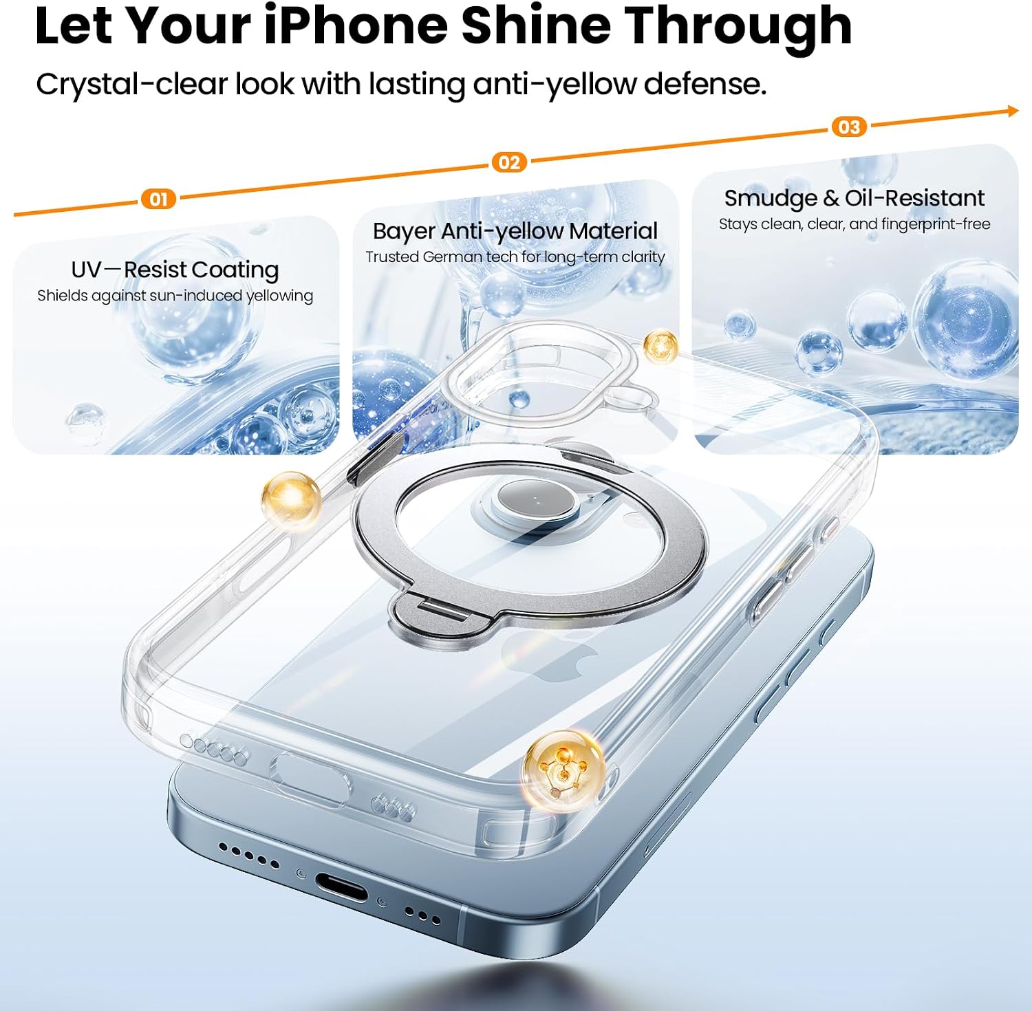 Detalle 2 de Gyizho 360° Ring Stand Case for iPhone 17 – MagSafe Compatible, Anti-Yellowing, Scratch-Resistant (Clear)