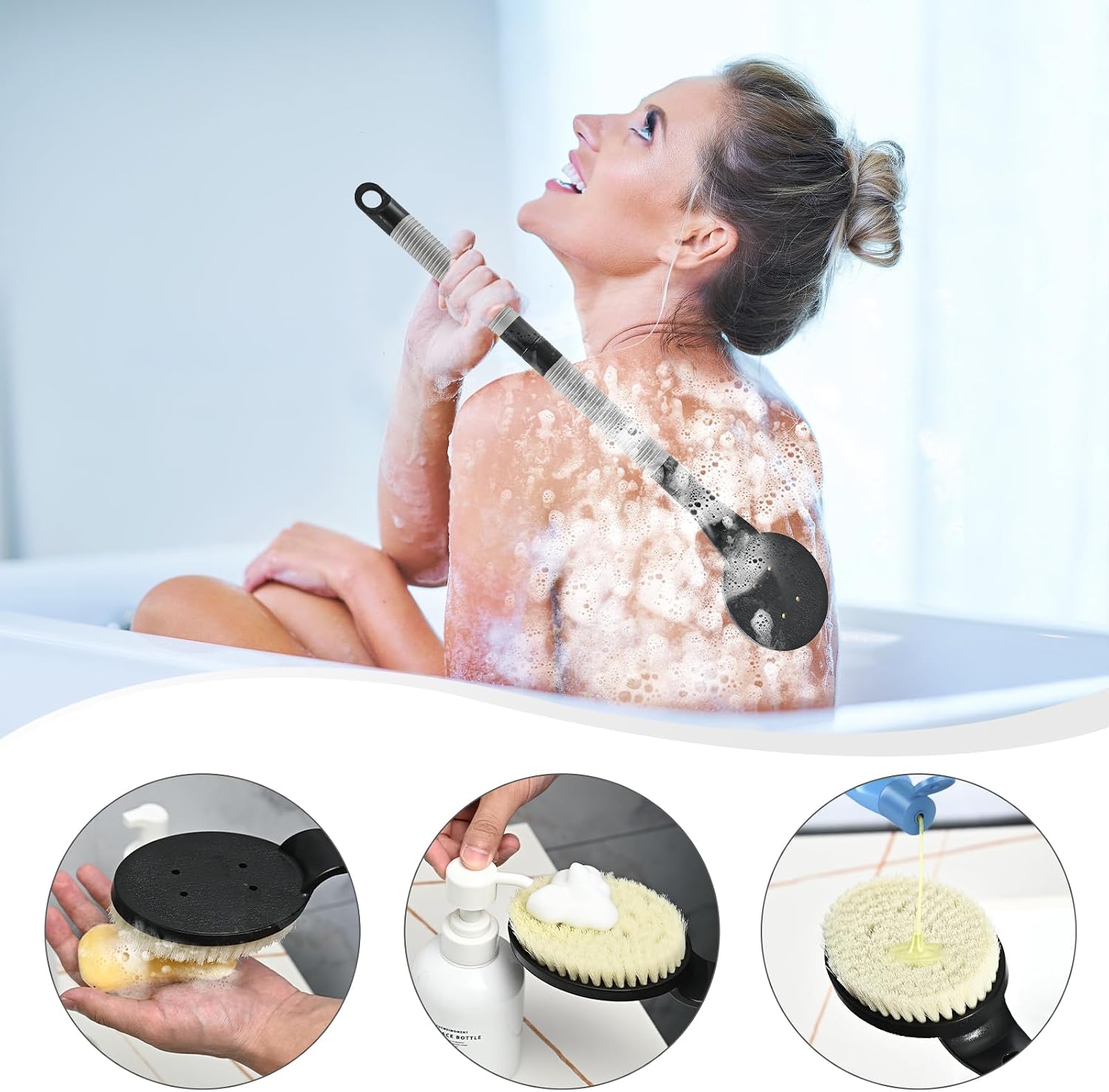 Detalle de BTideas Non-Slip Shower Back Scrubber, 21.7 Inch Detachable Bath Brush