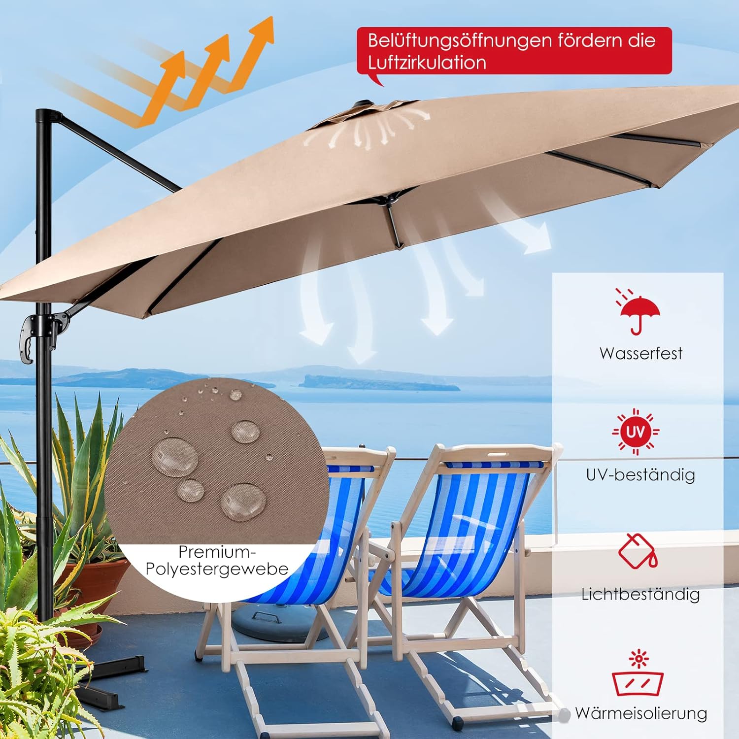 Thumbnail 2 de COSTWAY Sonnenschirm 300 x 300 cm quadratisch – Ampelschirm mit Kurbel, 360° drehbar, braun
