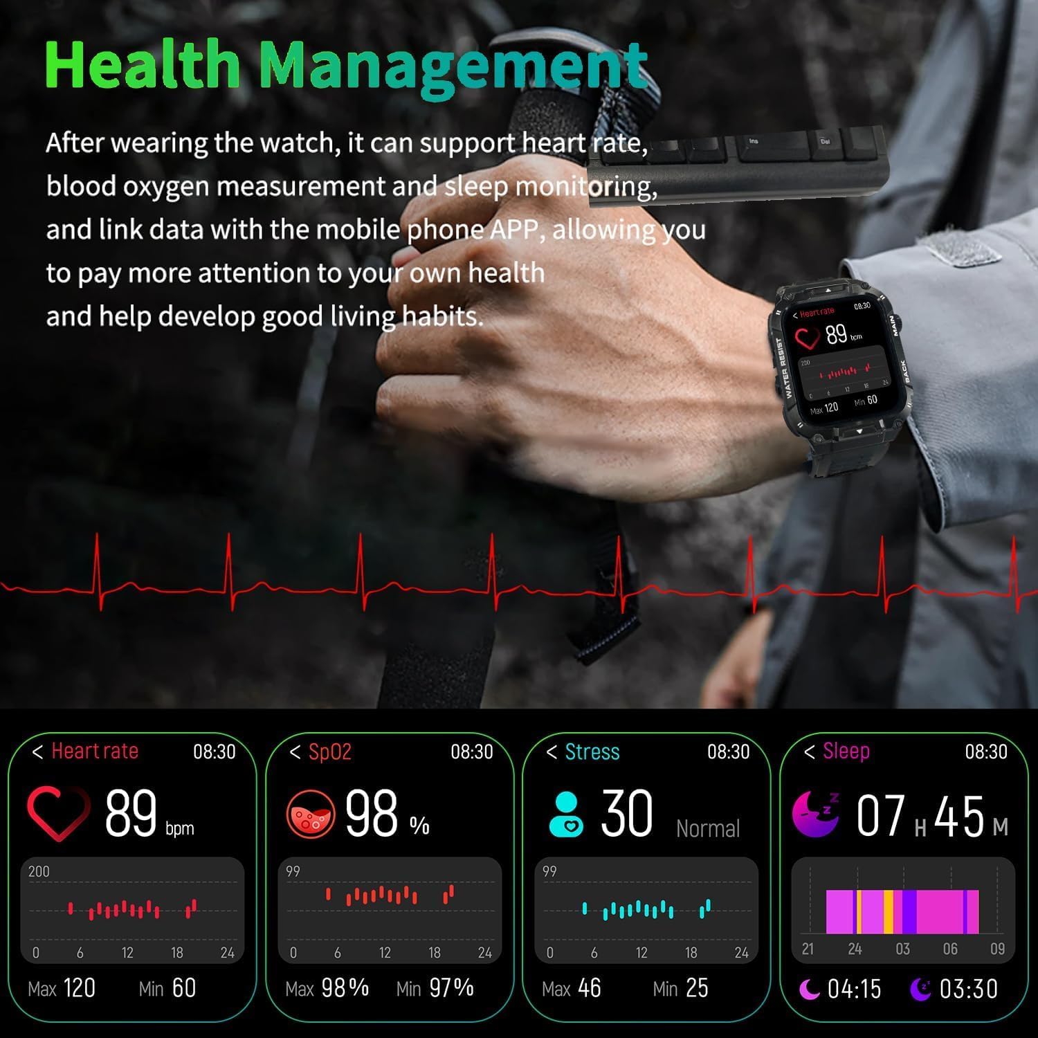 Detalle de Military Smart Watch for Men 1.96" Outdoor Sports Smartwatch (Black) with Call Answer, SpO2, Heart Rate & Sleep