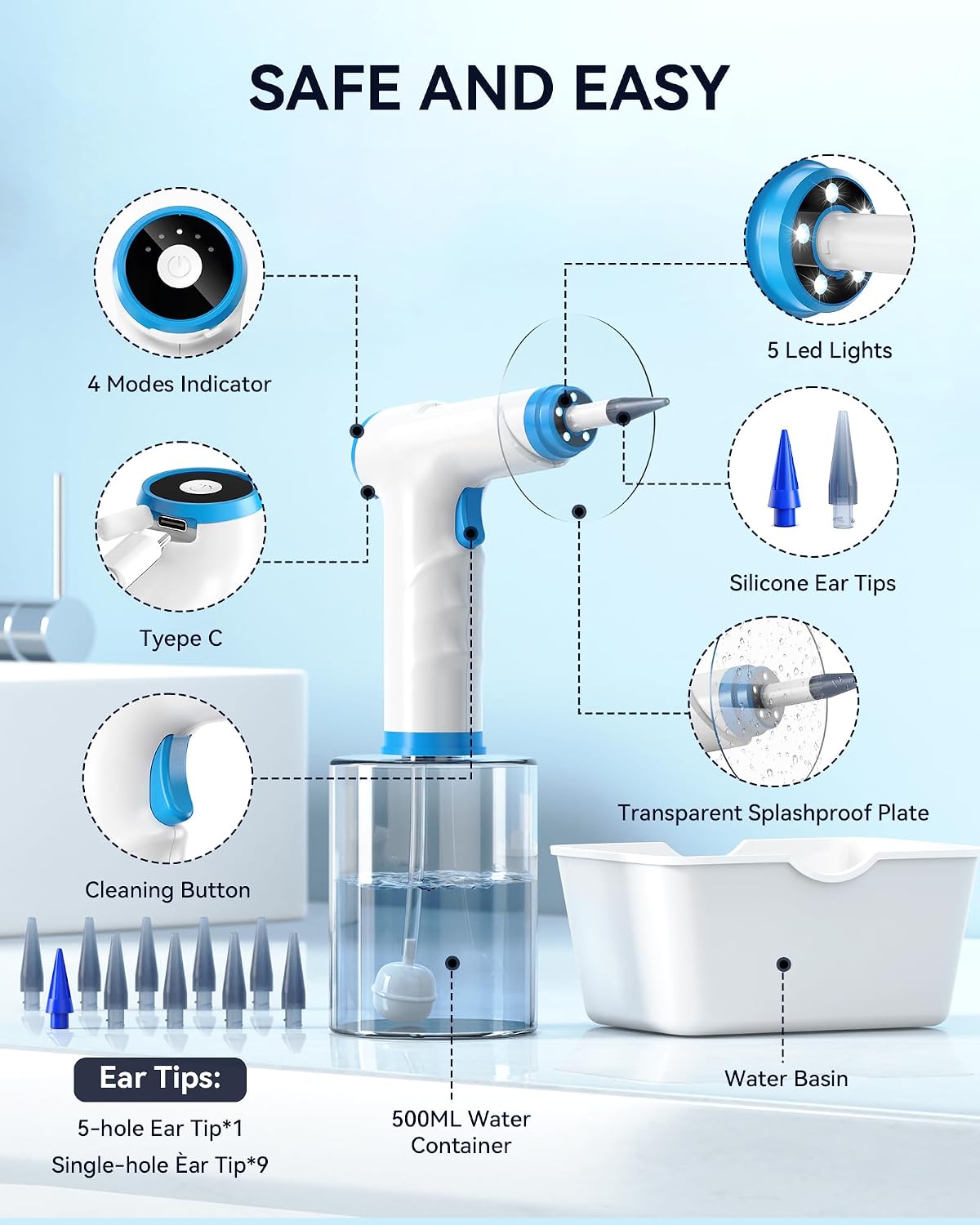 Detalle 1 de KAUGIC Electric Ear Wax Removal Kit, 4 Modes, 500 mL Tank and 10 Tips