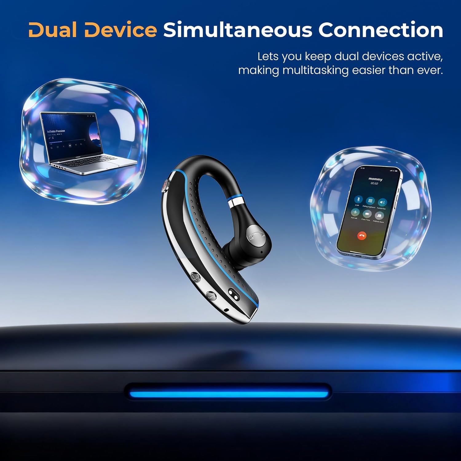 Detalle de Bluetooth Headset with Noise Canceling Microphone and 56H Battery, Ultralight 0.53oz V5.3