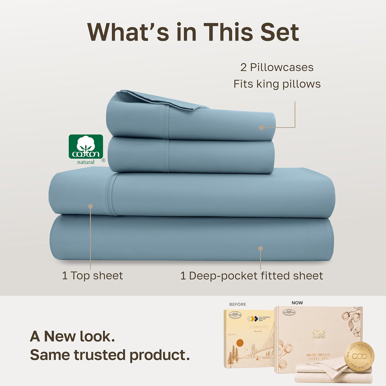 Detalle de California Design Den 840307129253 King Cotton Sheet Set, 400-Thread-Count Sateen