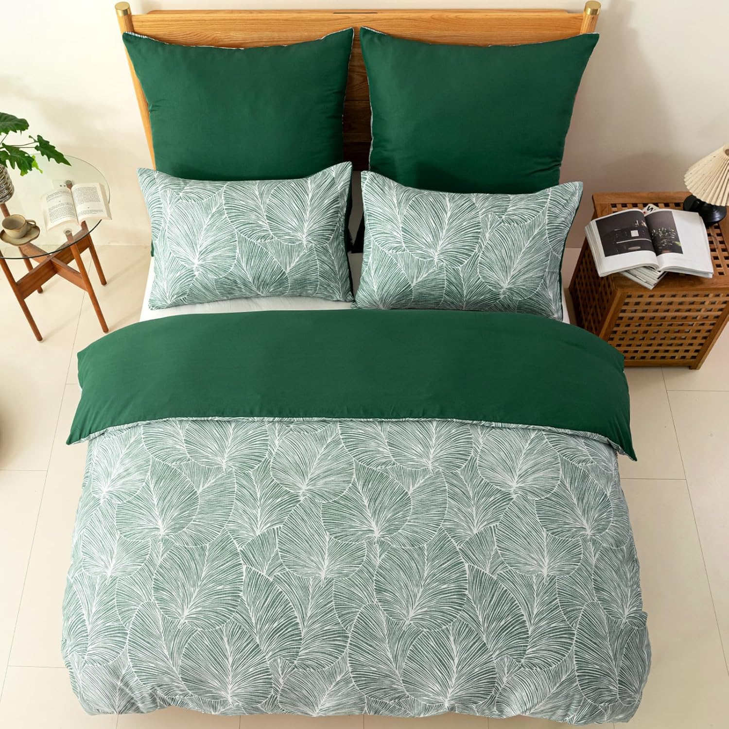 Detalle de Tokokimo Emerald Green Single Duvet Cover Set – Leaves Pattern, Microfiber 135x200 cm with Pillowcase