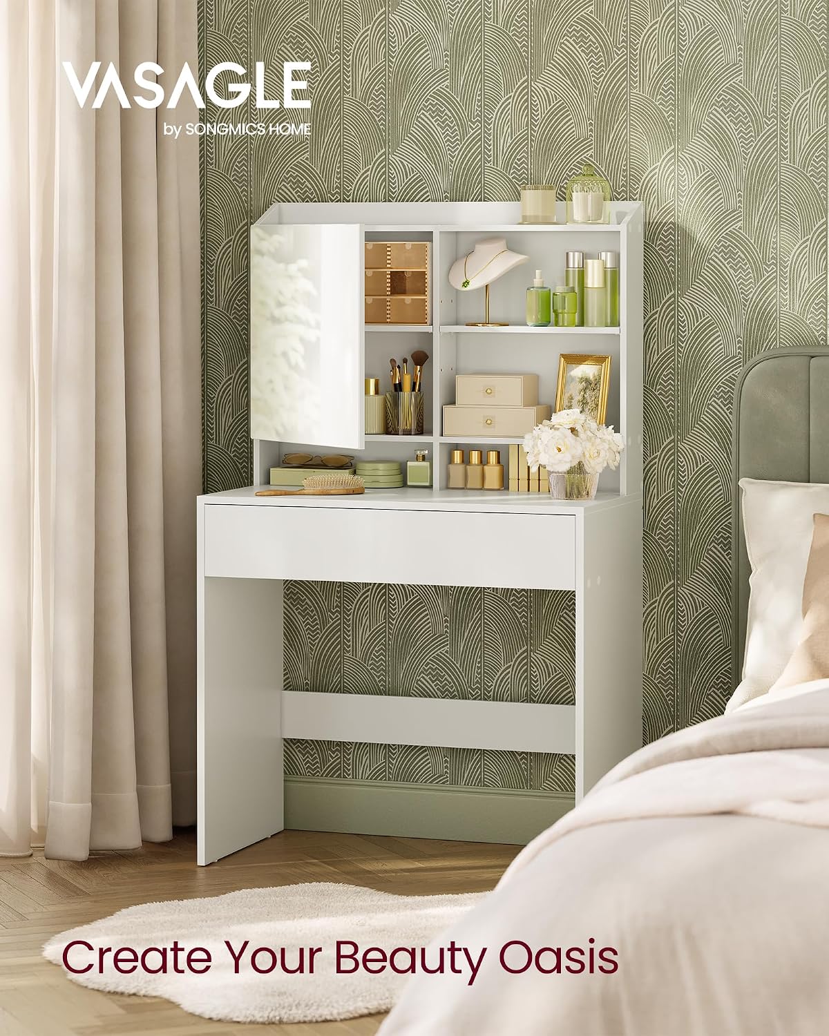 Detalle de VASAGLE RDT118W01 Dressing Table with Mirror, Adjustable Shelves and Drawer