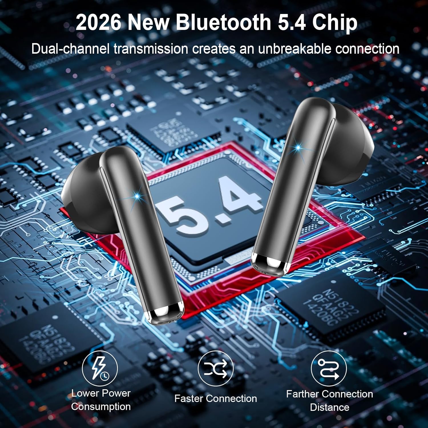 Detalle 2 de Écouteurs Bluetooth sans fil Bluetooth 5.4 avec ENC, HiFi stéréo et réduction de bruit (jusqu’à -48 dB) — 30 h, IP7